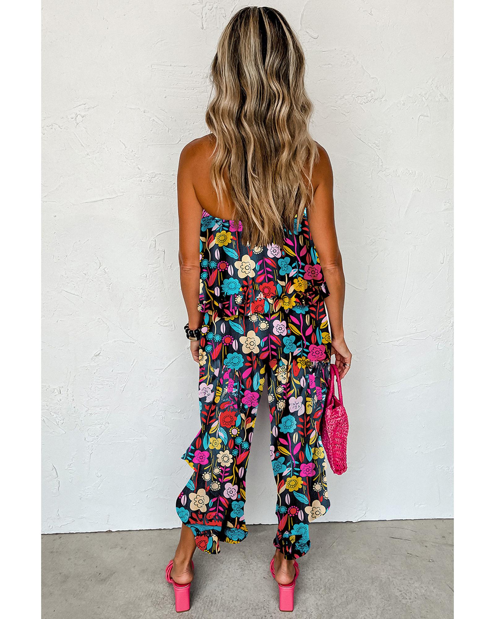 Red Mix Tropical Print Strapless Ruffled Jumpsuit - L