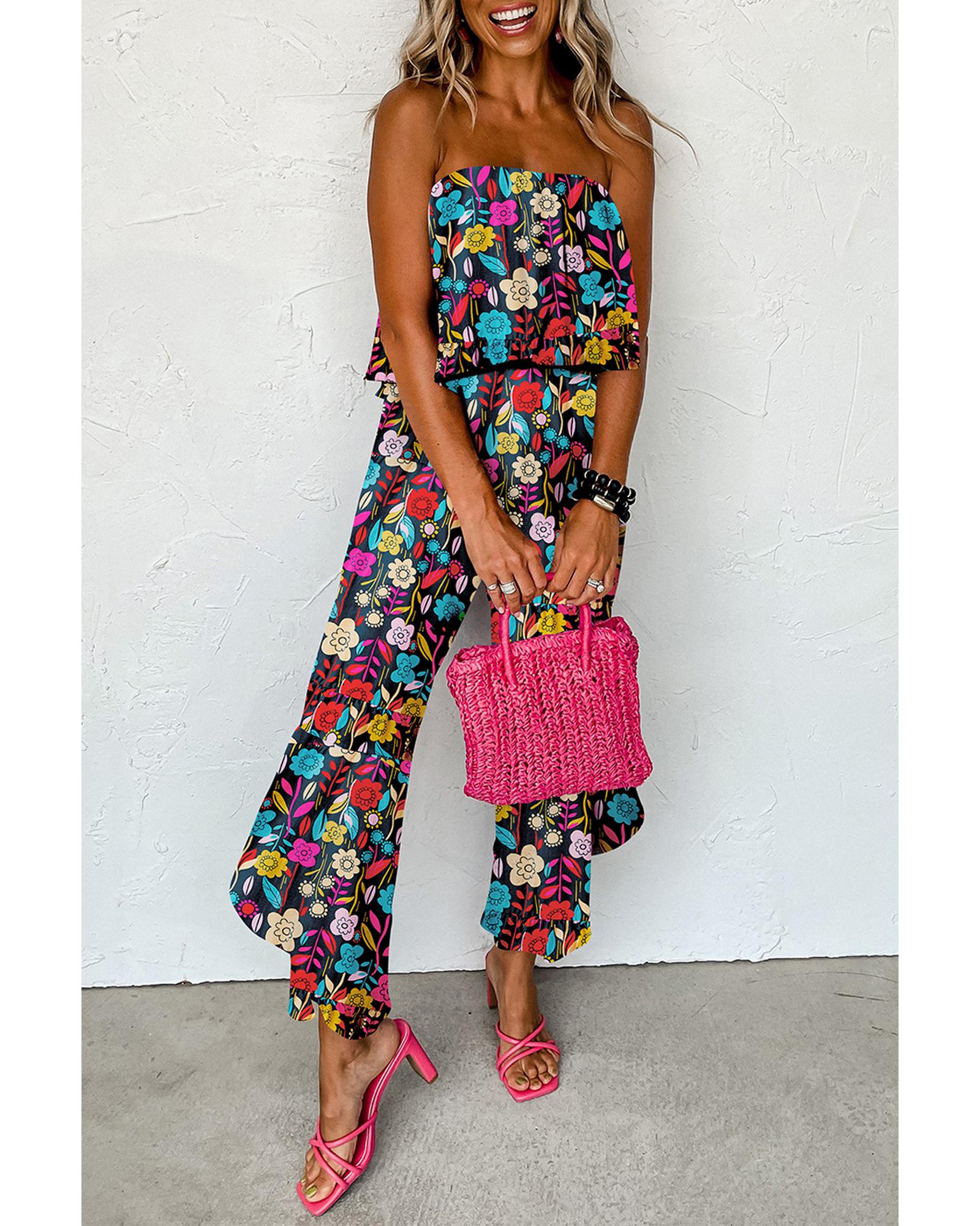 Red Mix Tropical Print Strapless Ruffled Jumpsuit - M 5