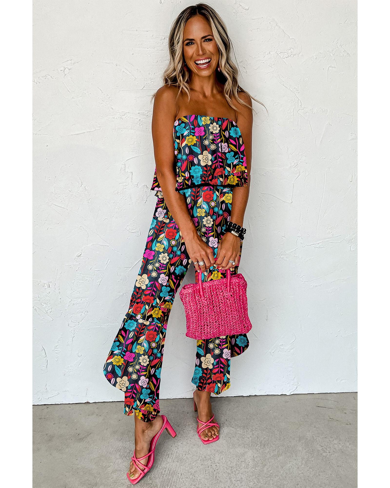 Red Mix Tropical Print Strapless Ruffled Jumpsuit - M 7