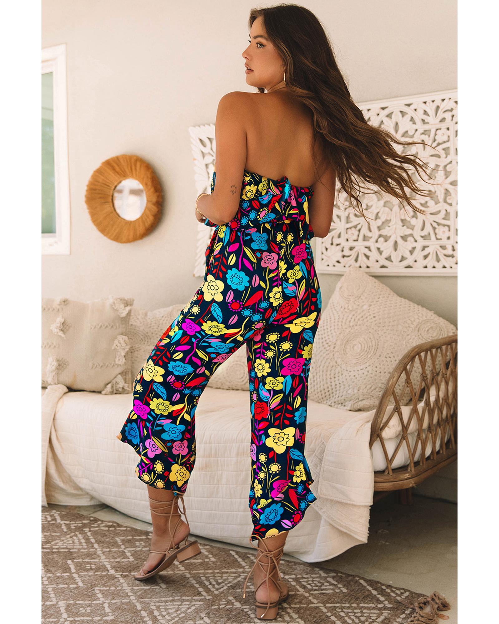 Red Mix Tropical Print Strapless Ruffled Jumpsuit - XL 6