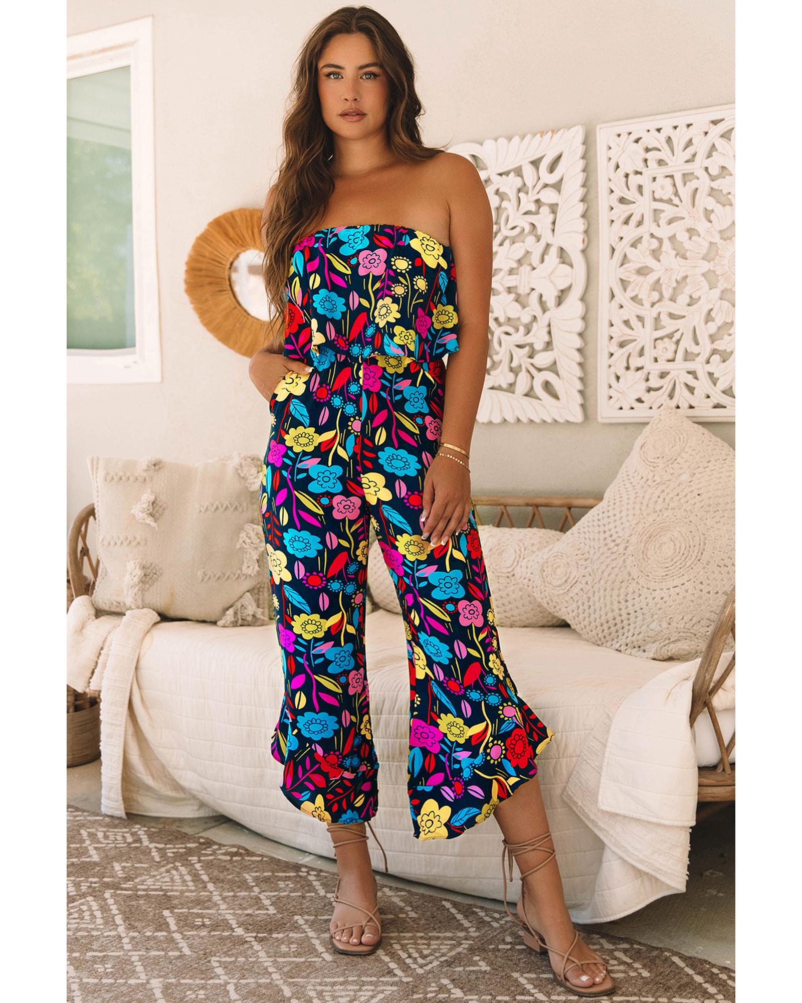 Red Mix Tropical Print Strapless Ruffled Jumpsuit - XL 8