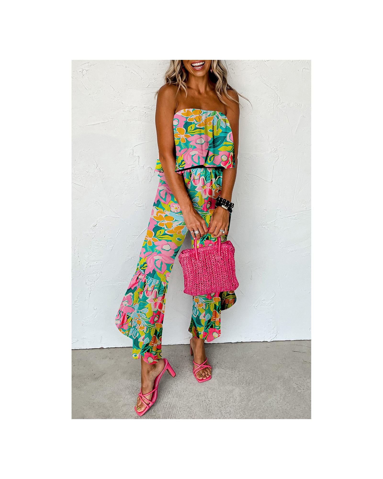 Green Mix Tropical Print Strapless Ruffled Jumpsuit - XL