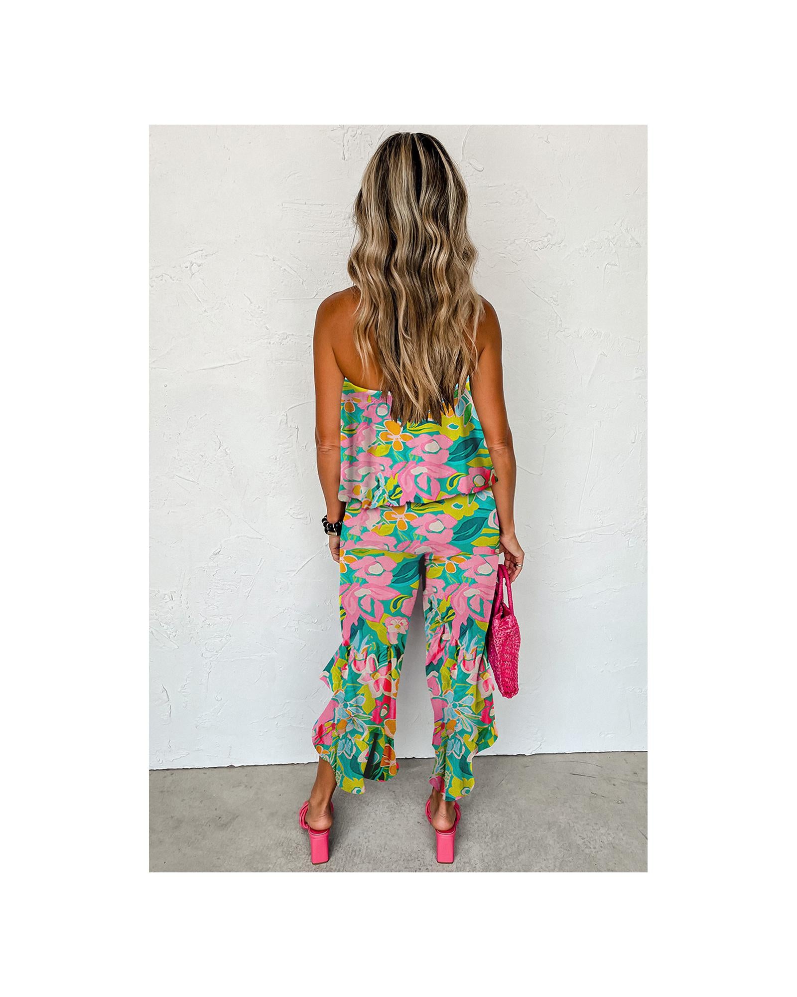 Green Mix Tropical Print Strapless Ruffled Jumpsuit - XL 4