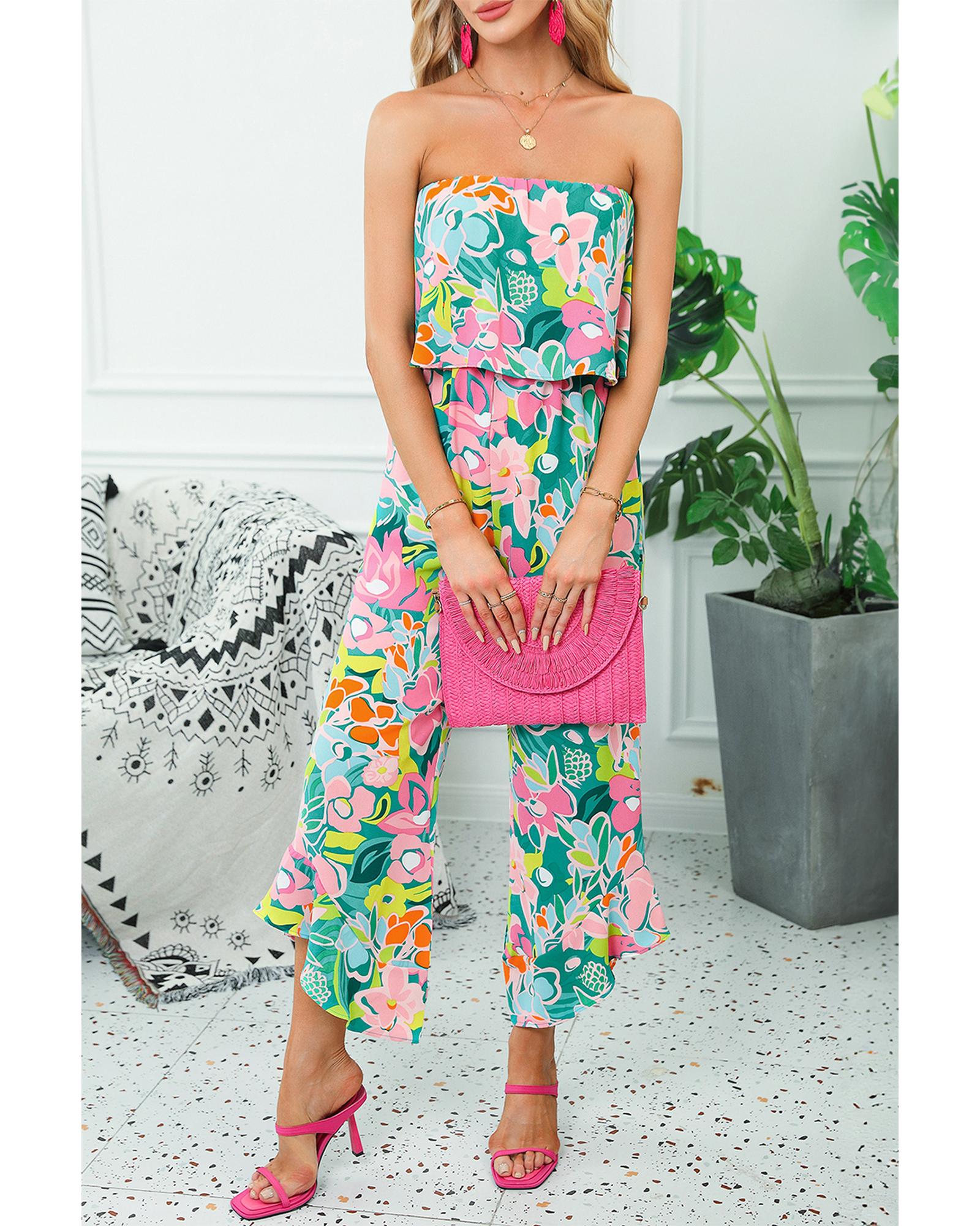 Green Mix Tropical Print Strapless Ruffled Jumpsuit - XL 5
