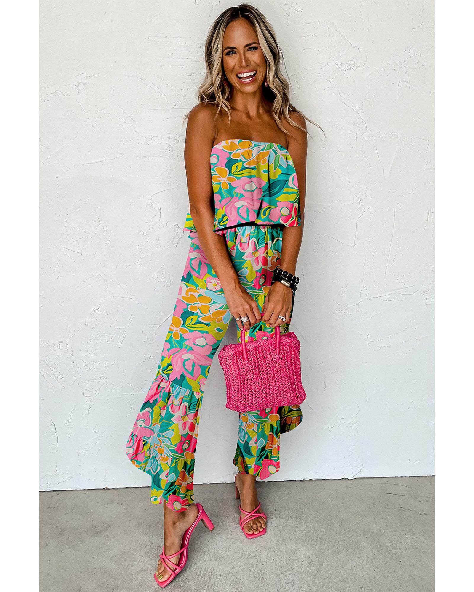 Green Mix Tropical Print Strapless Ruffled Jumpsuit - XL 6