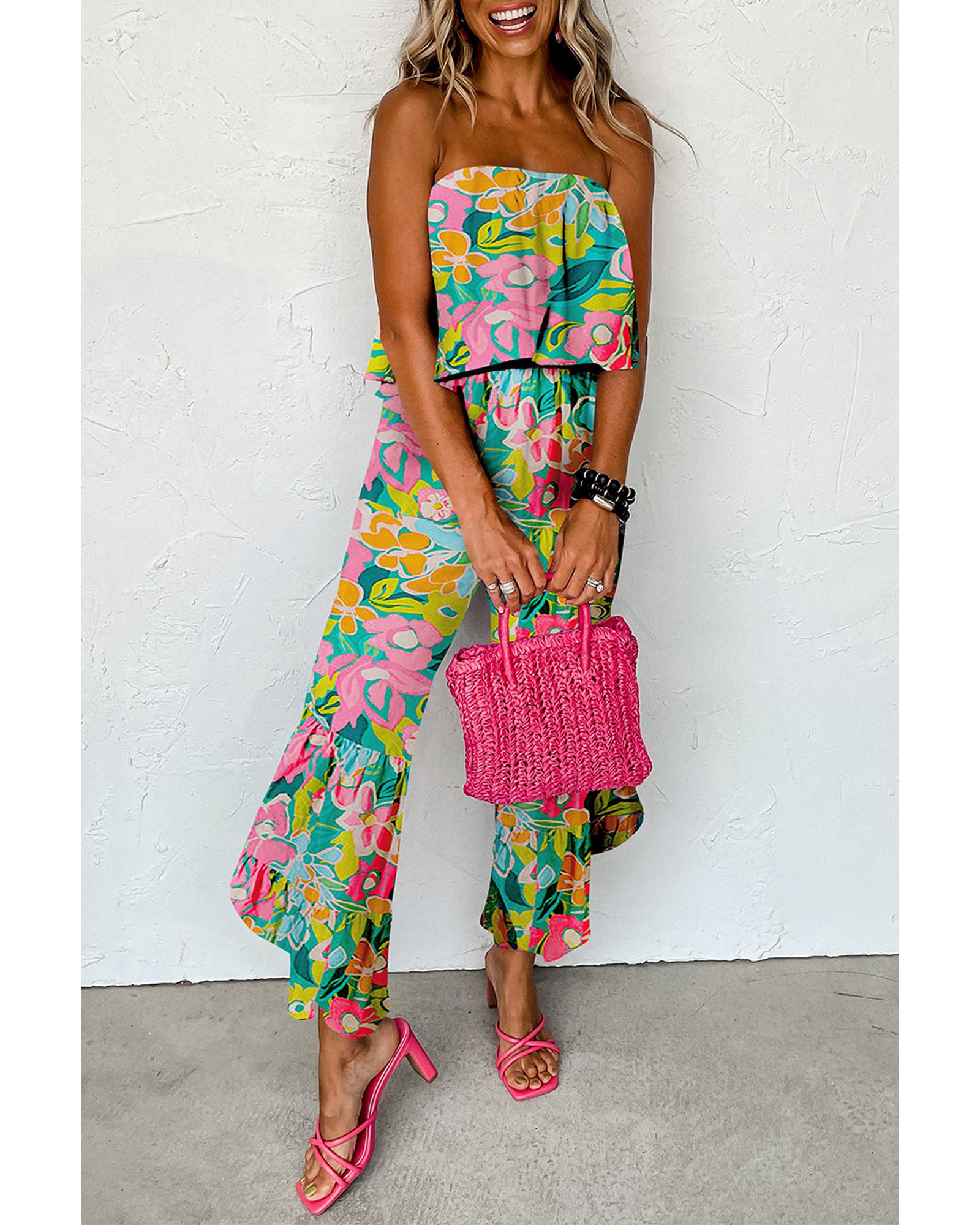 Green Mix Tropical Print Strapless Ruffled Jumpsuit - XL 8