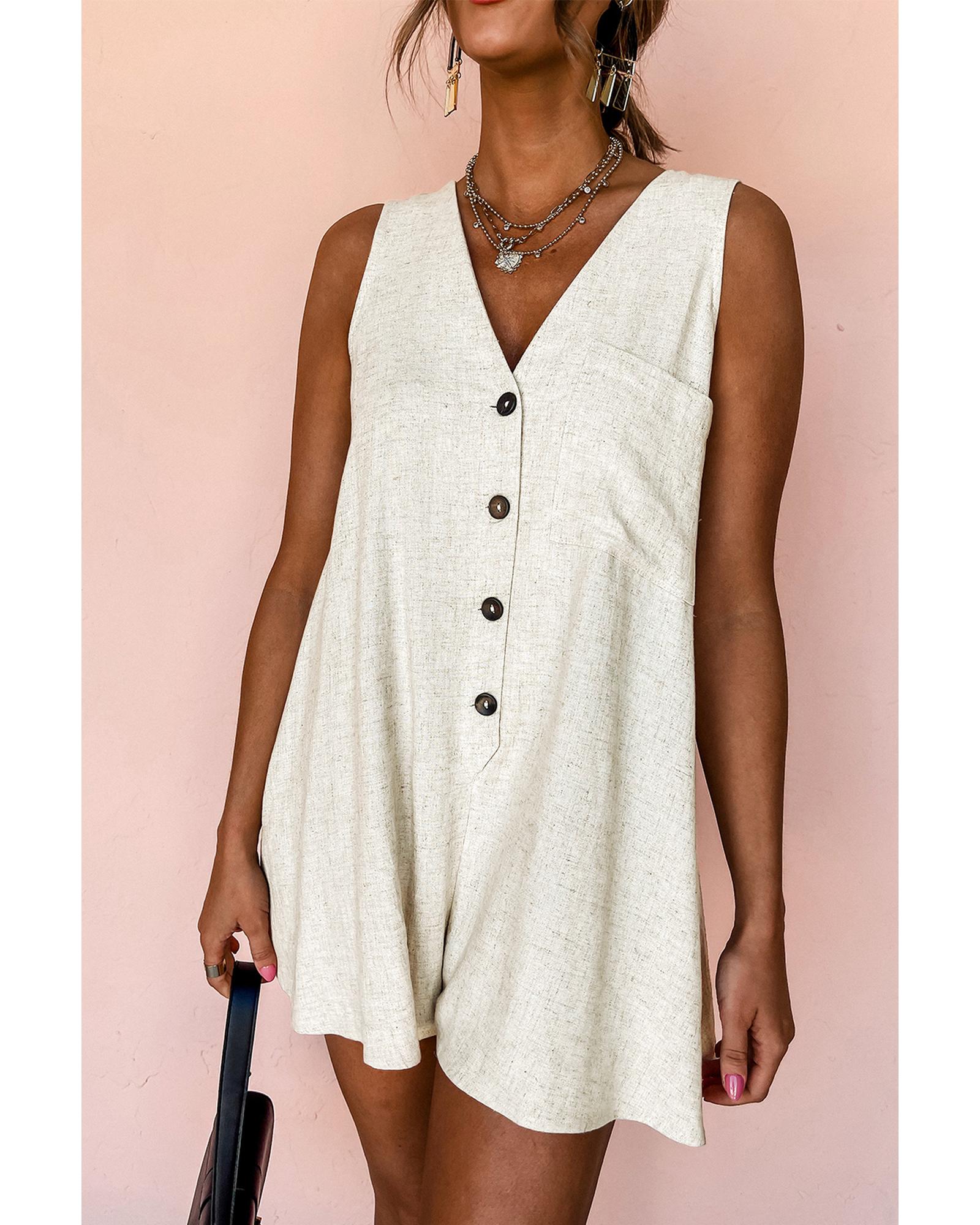 Beige Sleeveless V Neck Buttoned Front Chest Pocket Romper - L 3