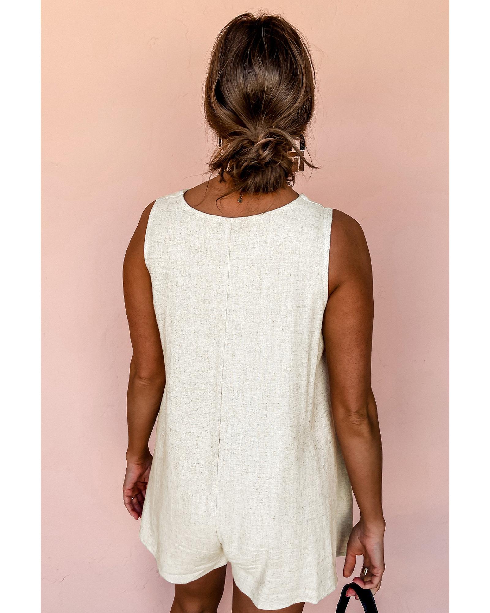 Beige Sleeveless V Neck Buttoned Front Chest Pocket Romper - L 4