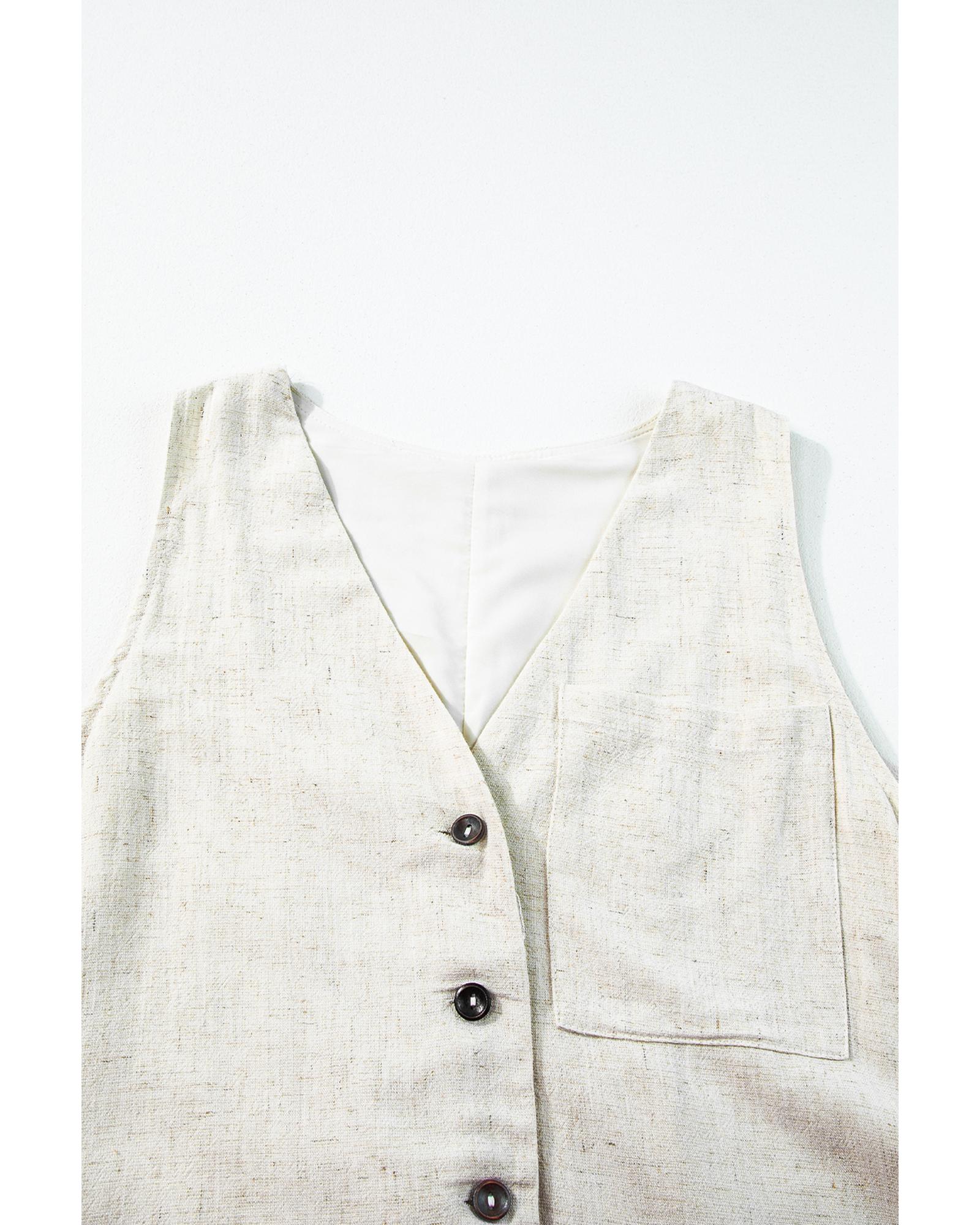 Beige Sleeveless V Neck Buttoned Front Chest Pocket Romper - L 5