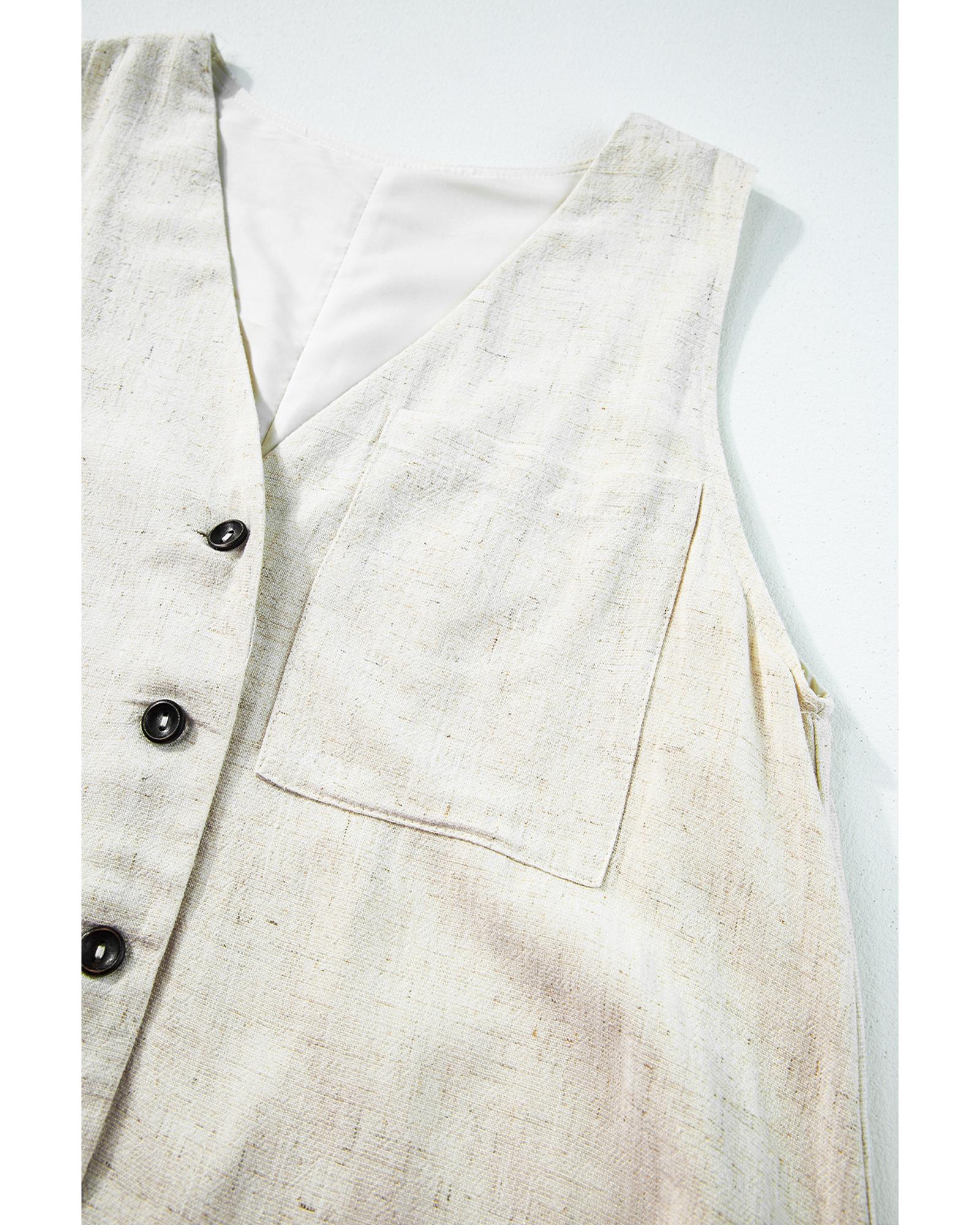 Beige Sleeveless V Neck Buttoned Front Chest Pocket Romper - L 8