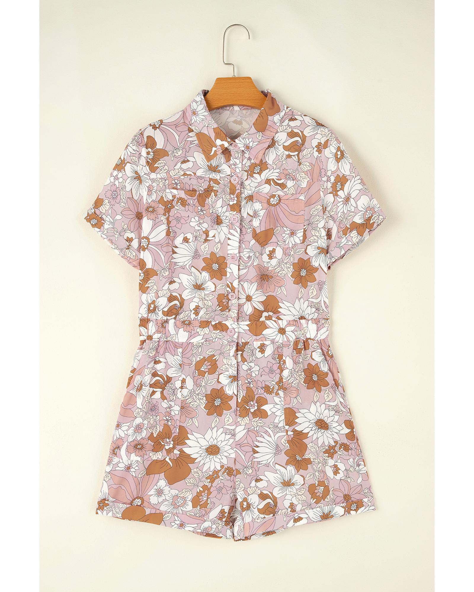 Pink Floral Short Sleeve Collared Button Front Romper - XL