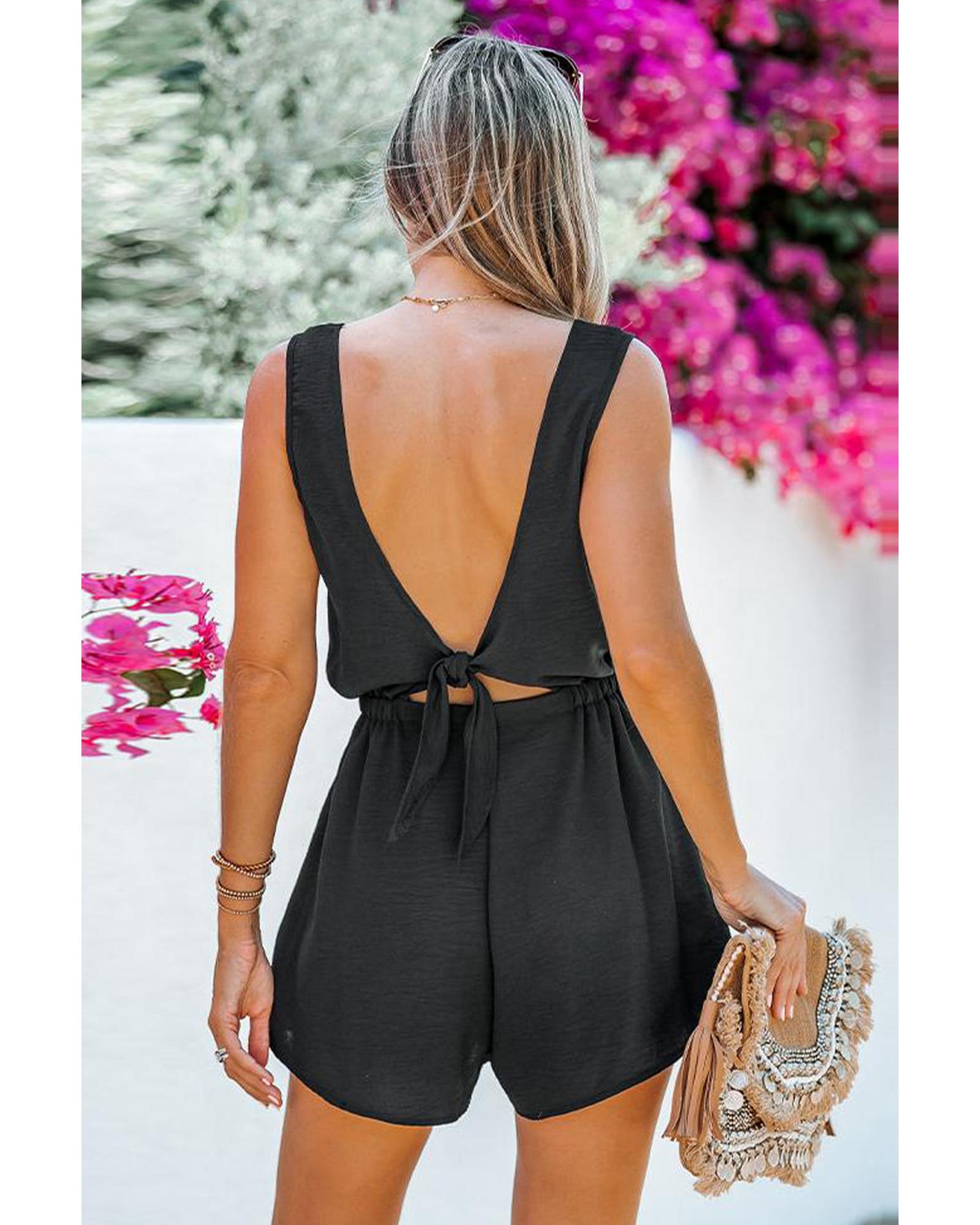 Black Knotted Backless Elastic Waist Sleeveless Romper - XL 7