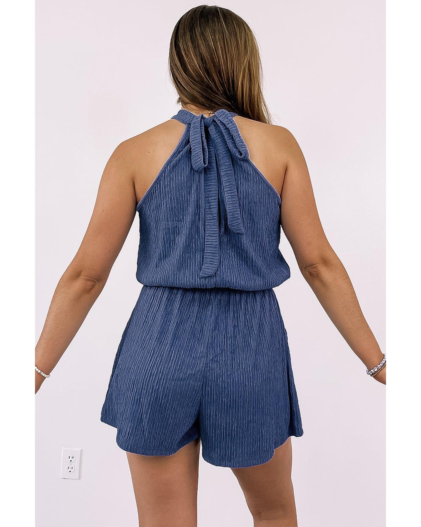 Bluing Knot Back High Neck Crinkle Textured Romper - L 4