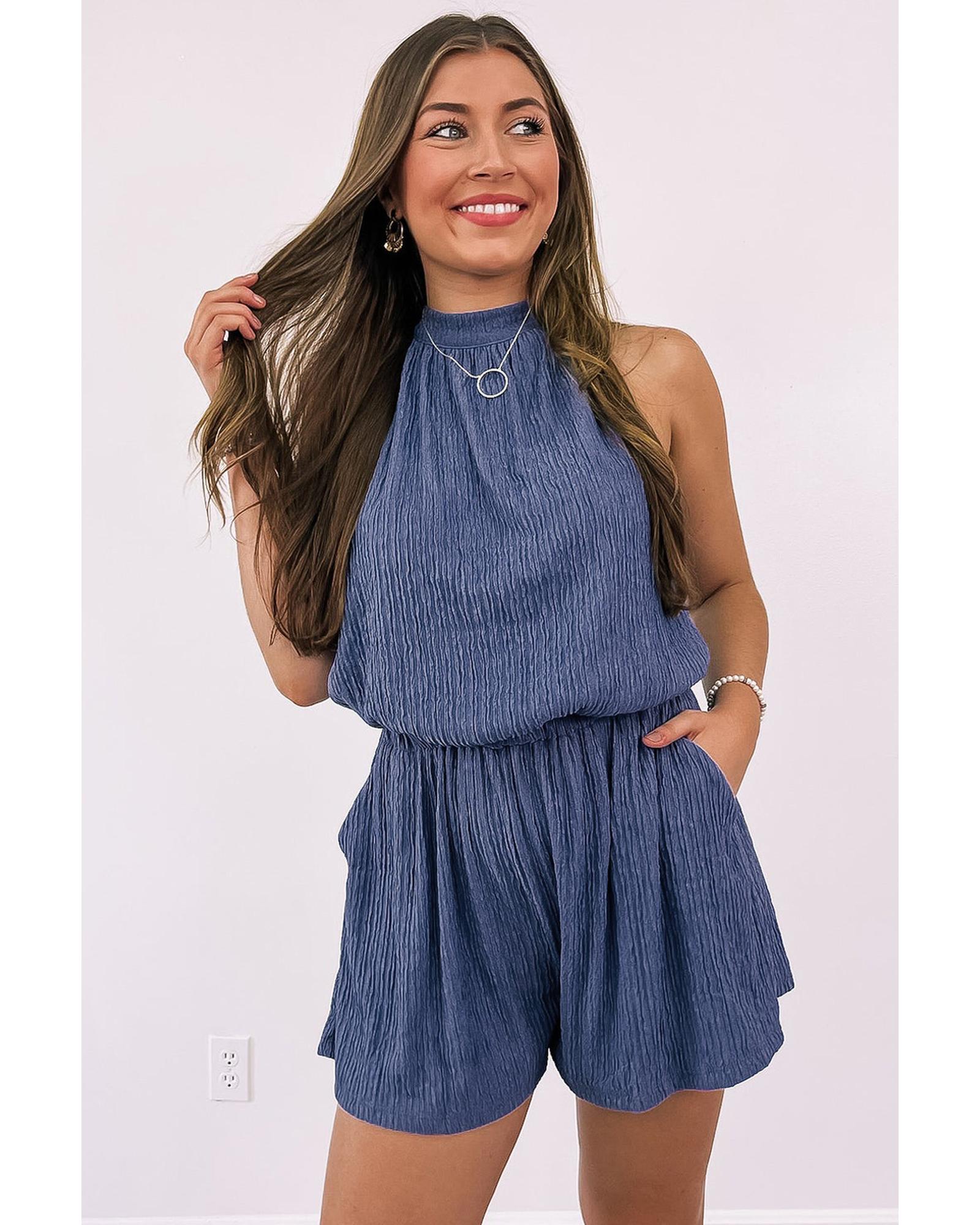 Bluing Knot Back High Neck Crinkle Textured Romper - L 6