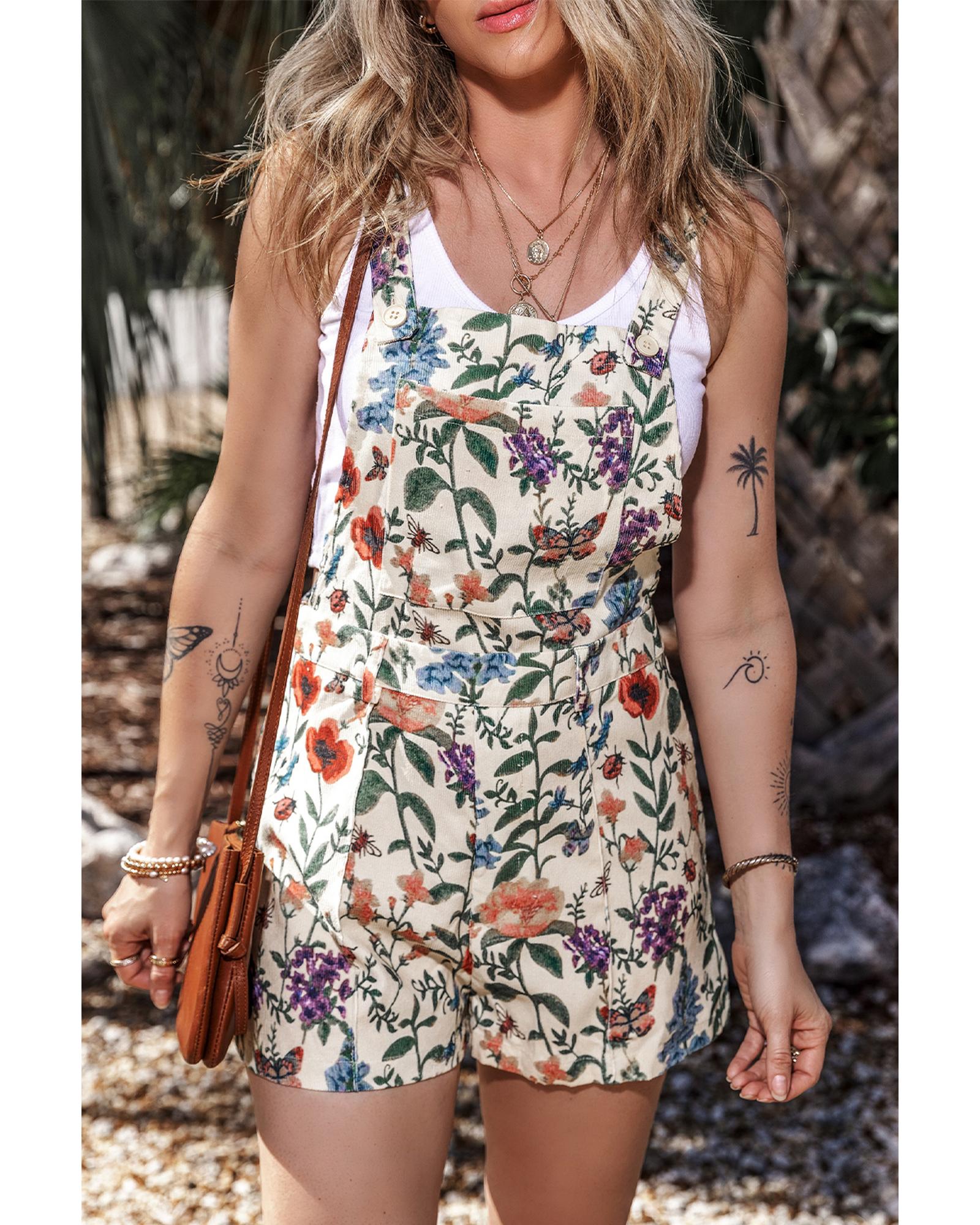 Beige Floral Print Bib Open Back Romper - XL 3