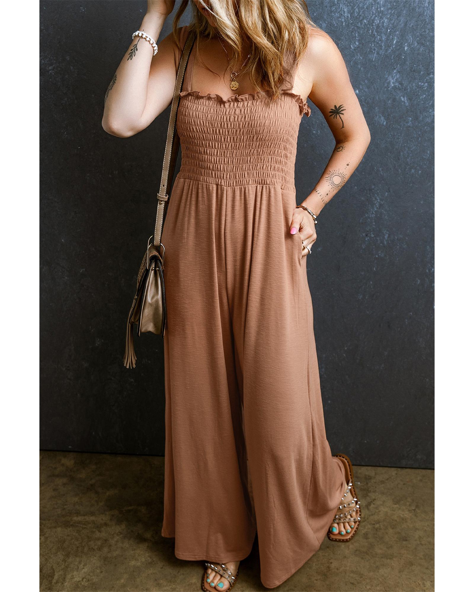 Dusty Pink Ruffled Shirred Wide Leg Sleeveless Jumpsuit - L