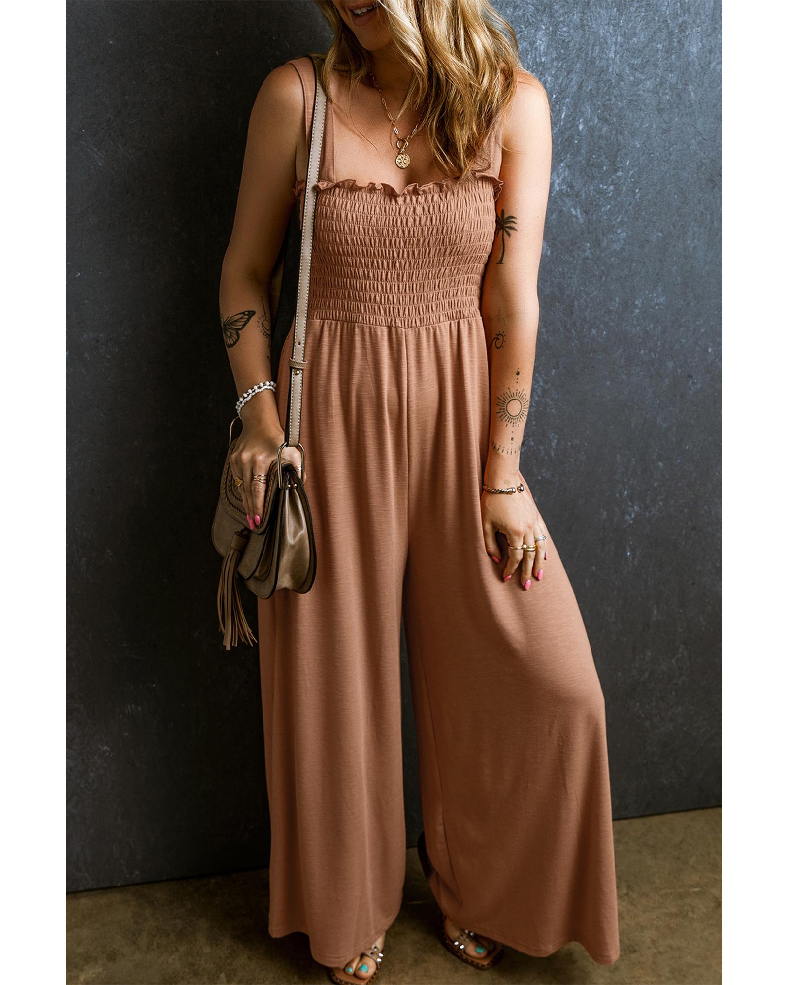 Dusty Pink Ruffled Shirred Wide Leg Sleeveless Jumpsuit - L 4