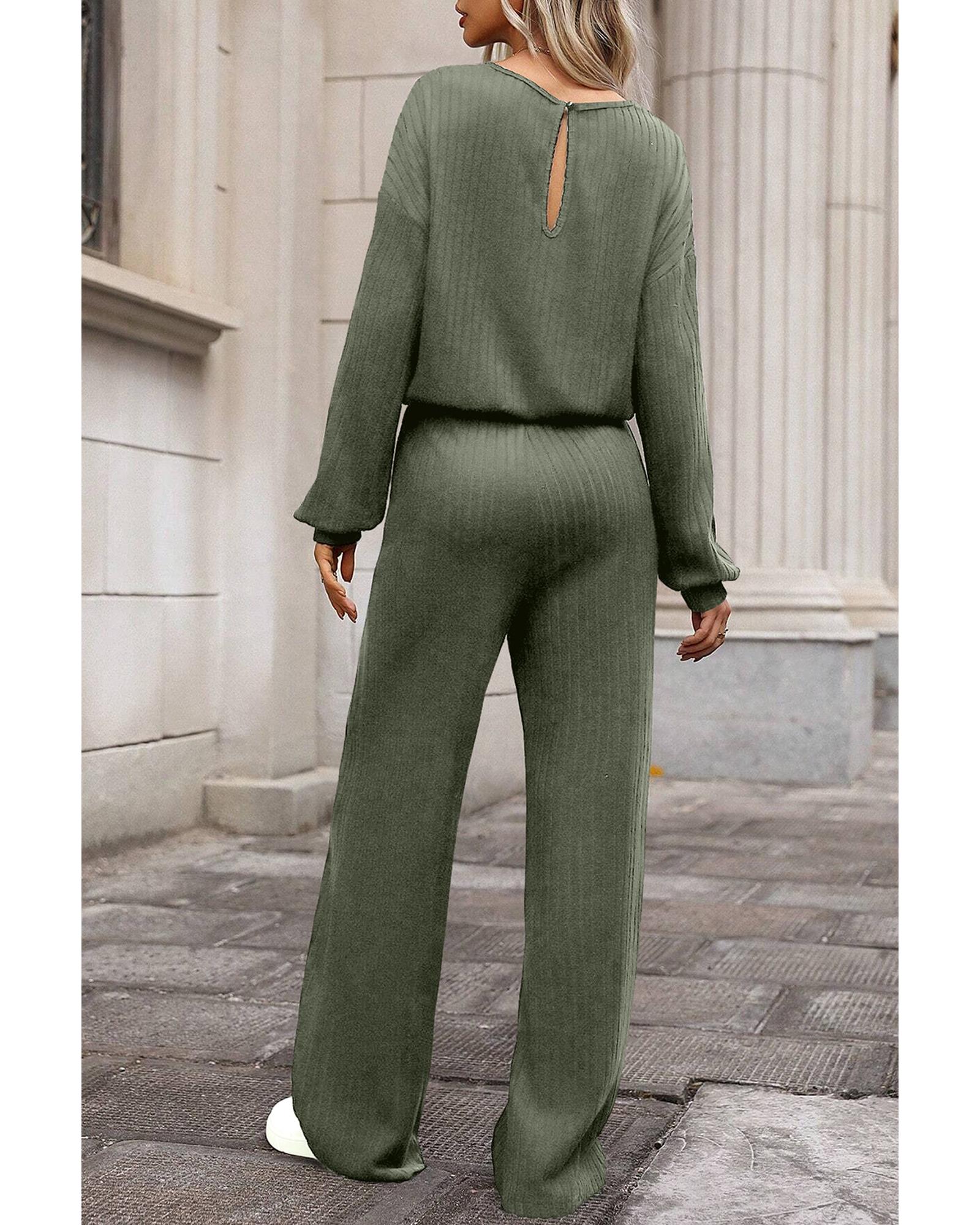 Laurel Green Solid Ribbed Knit Keyhole Back High Waist Jumpsuit - L 3