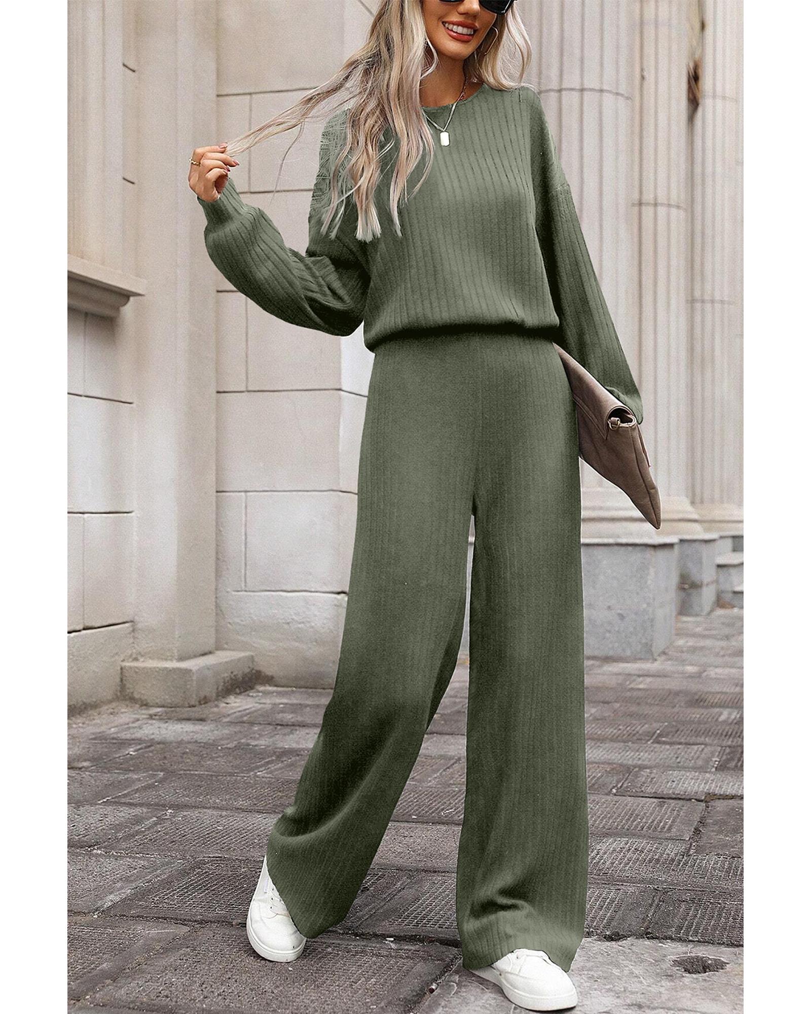 Laurel Green Solid Ribbed Knit Keyhole Back High Waist Jumpsuit - L 4