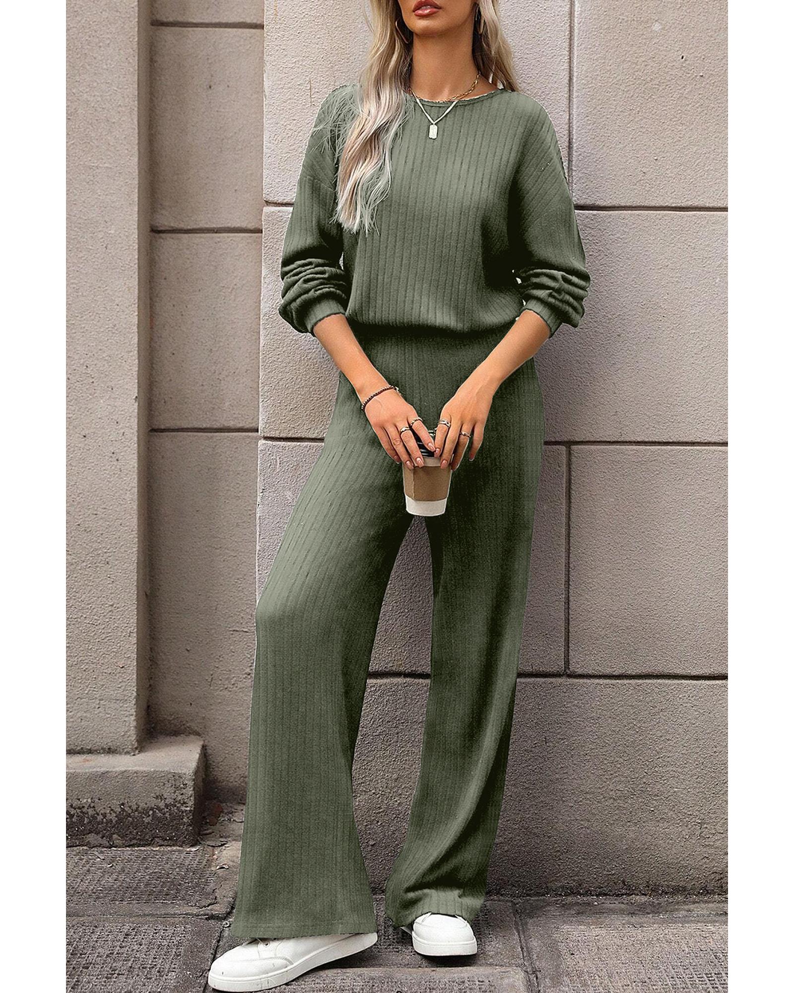 Laurel Green Solid Ribbed Knit Keyhole Back High Waist Jumpsuit - L 5