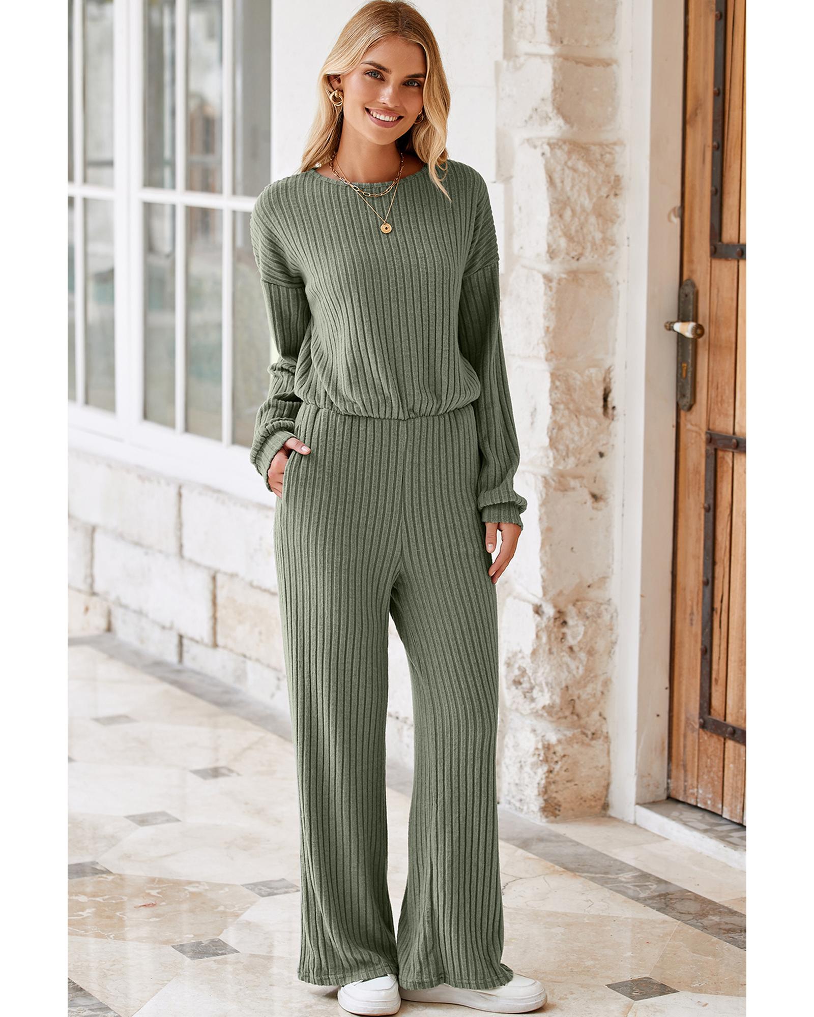Laurel Green Solid Ribbed Knit Keyhole Back High Waist Jumpsuit - L 6