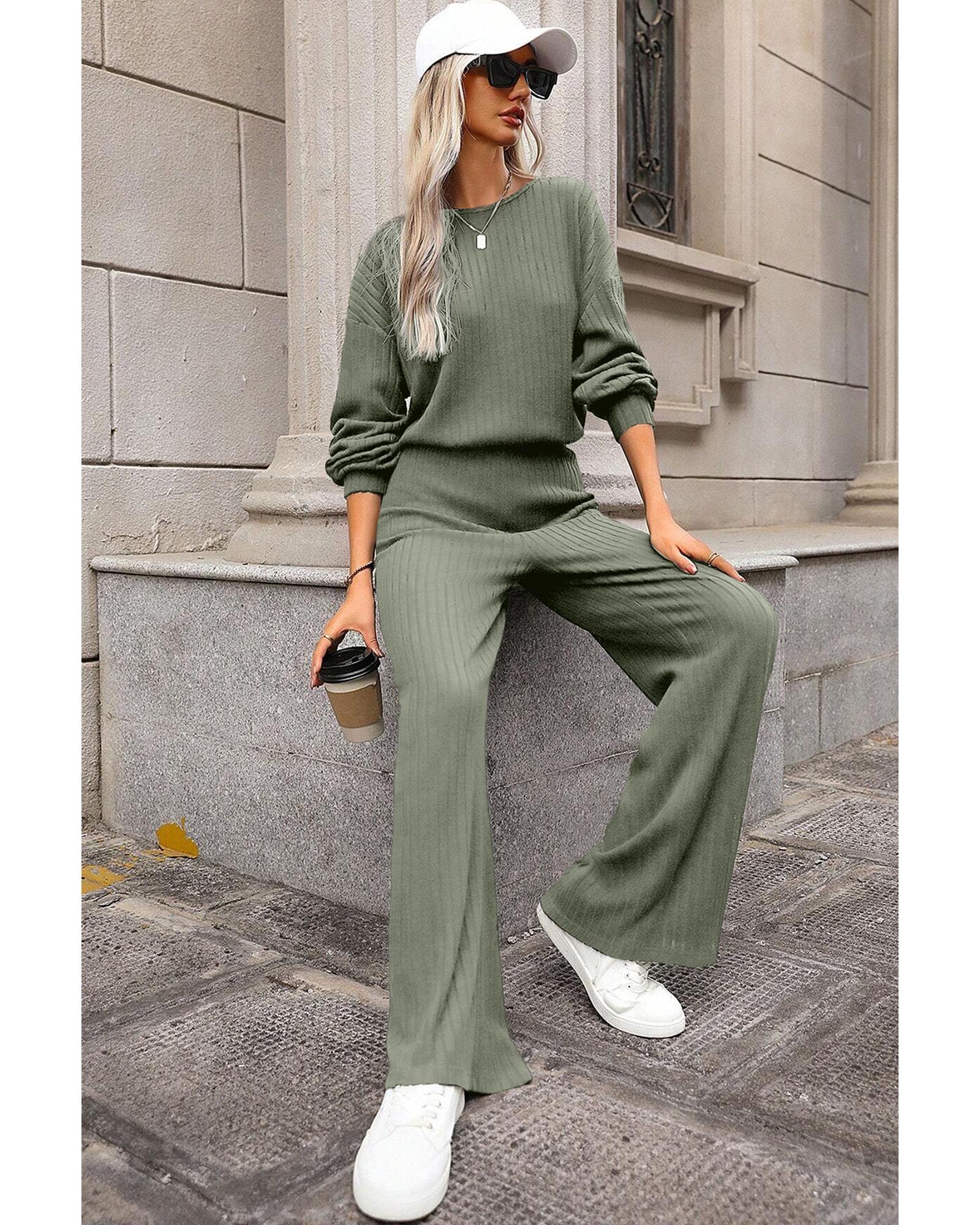 Laurel Green Solid Ribbed Knit Keyhole Back High Waist Jumpsuit - L 7