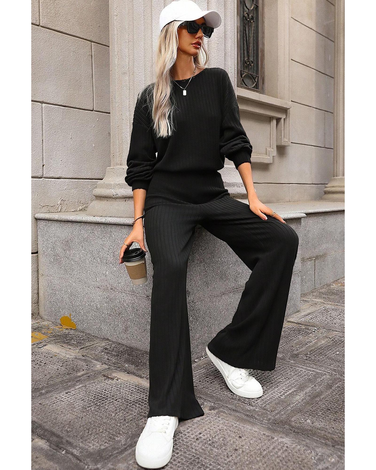 Black Solid Ribbed Knit Keyhole Back High Waist Jumpsuit - L