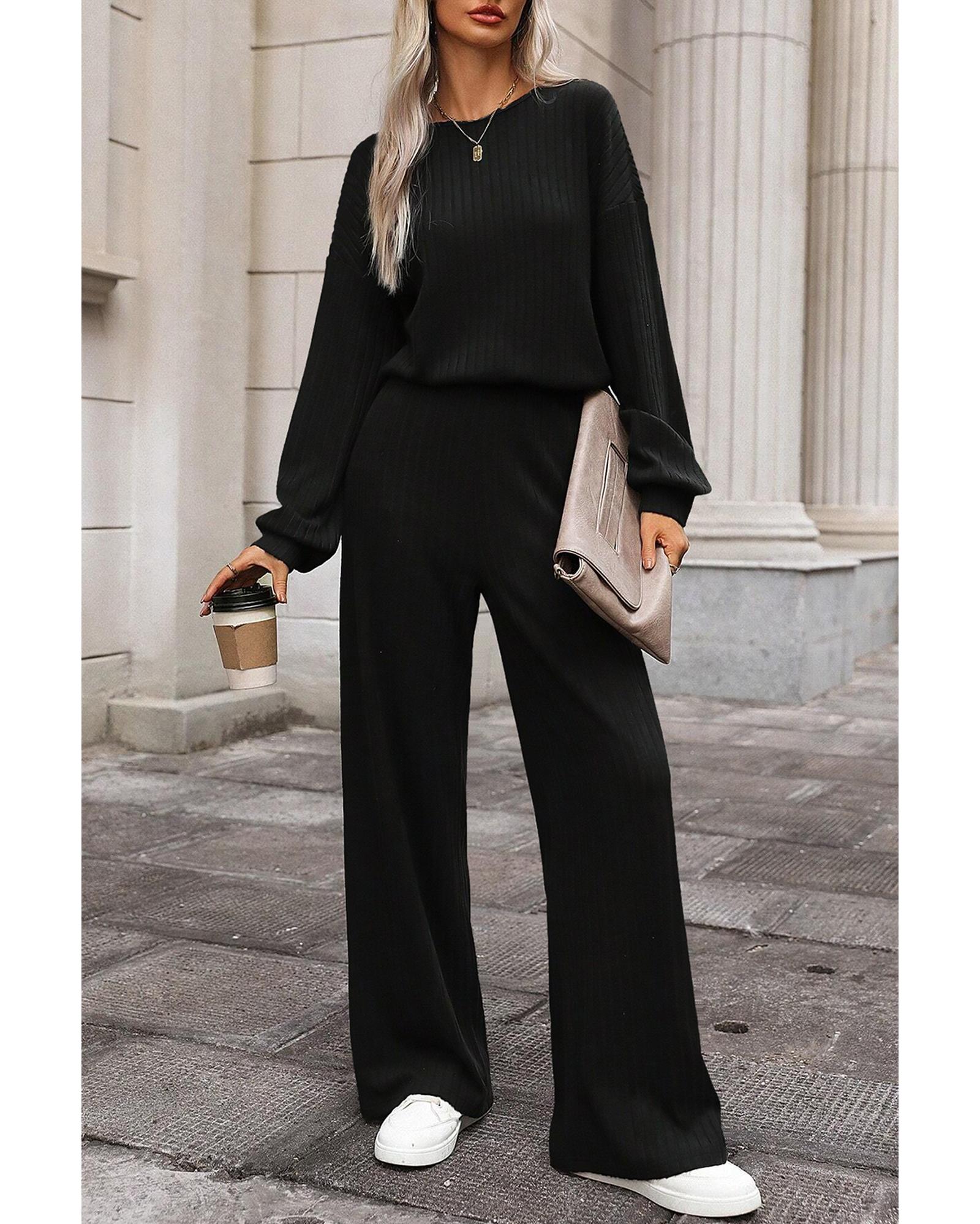 Black Solid Ribbed Knit Keyhole Back High Waist Jumpsuit - M