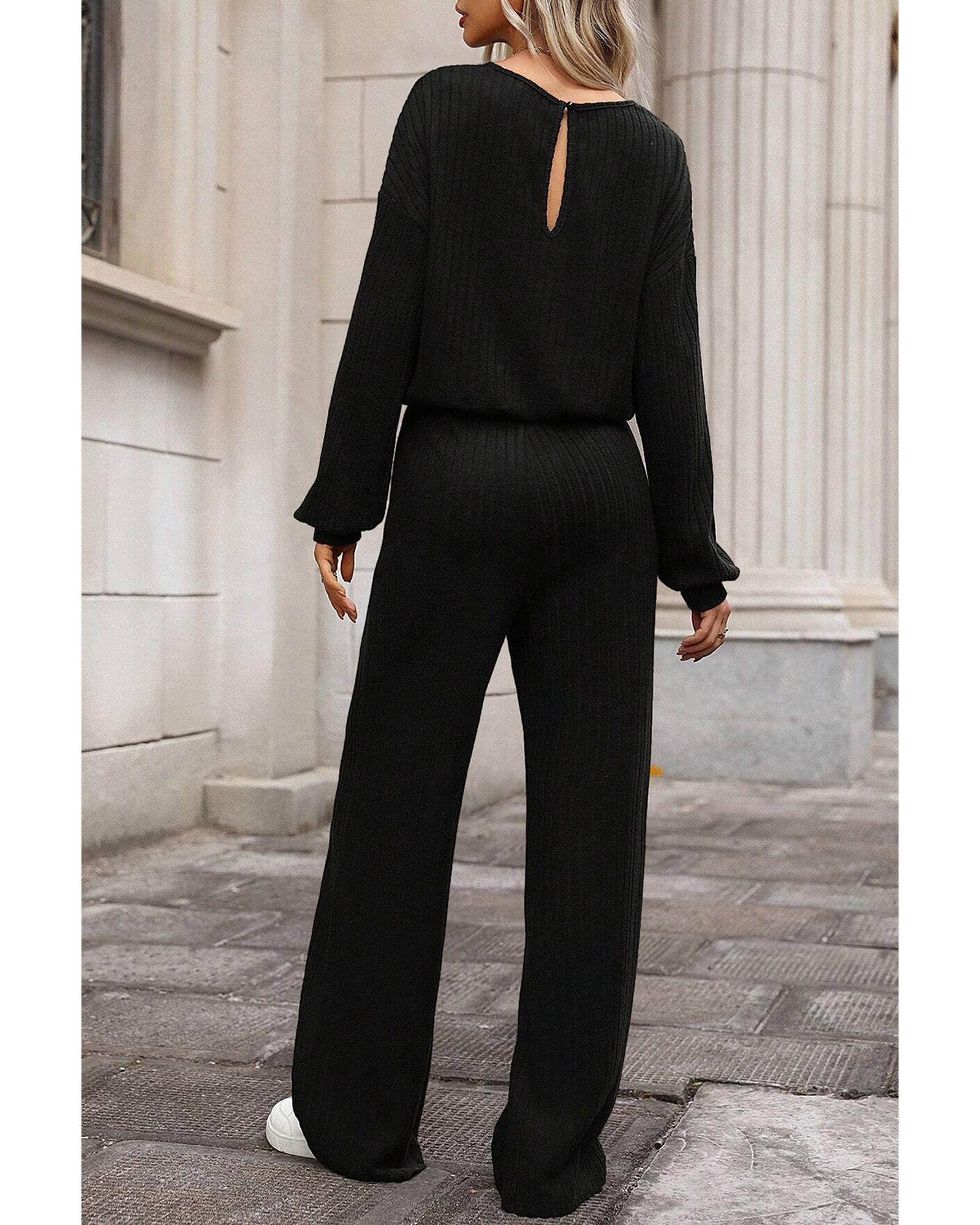 Black Solid Ribbed Knit Keyhole Back High Waist Jumpsuit - S 3