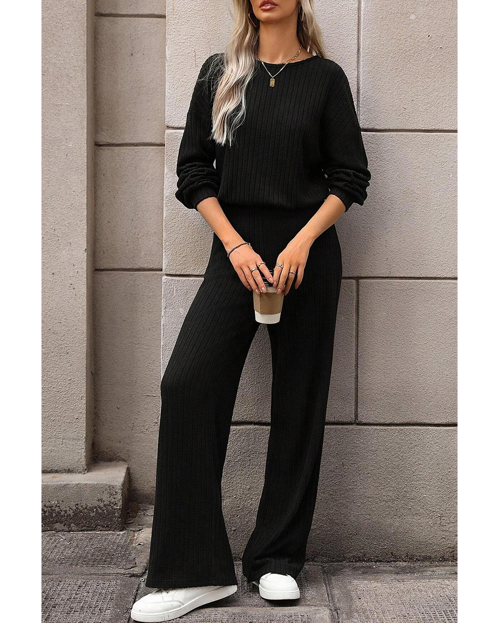 Black Solid Ribbed Knit Keyhole Back High Waist Jumpsuit - S 4