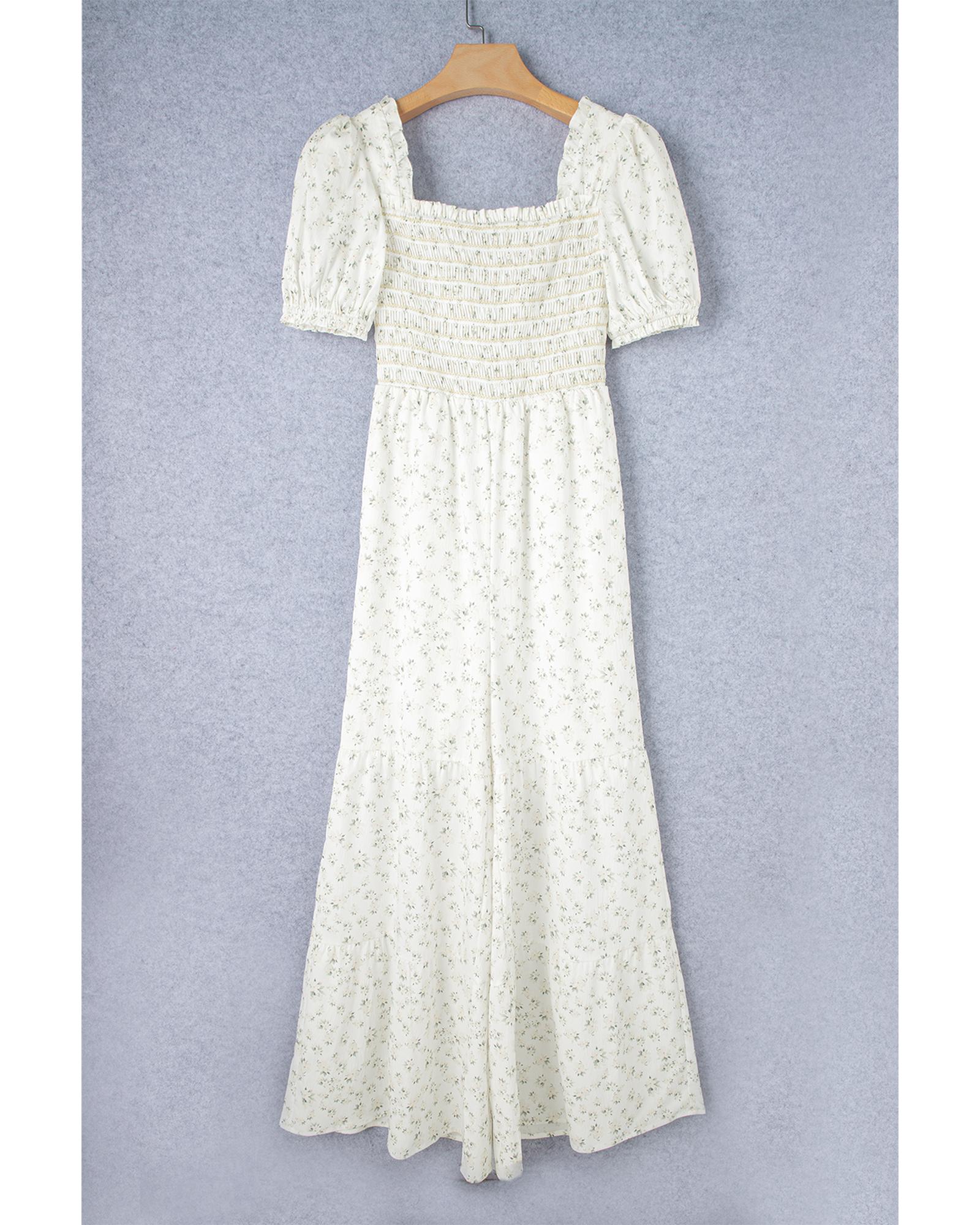 White Boho Floral Smocked Wide Leg Short Puff Sleeve Jumpsuit - L