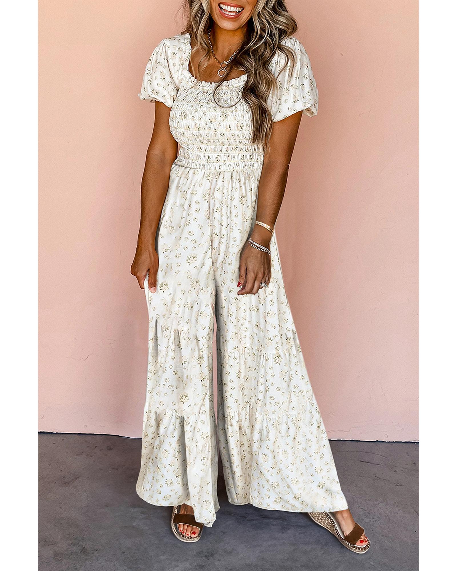 White Boho Floral Smocked Wide Leg Short Puff Sleeve Jumpsuit - XL 3