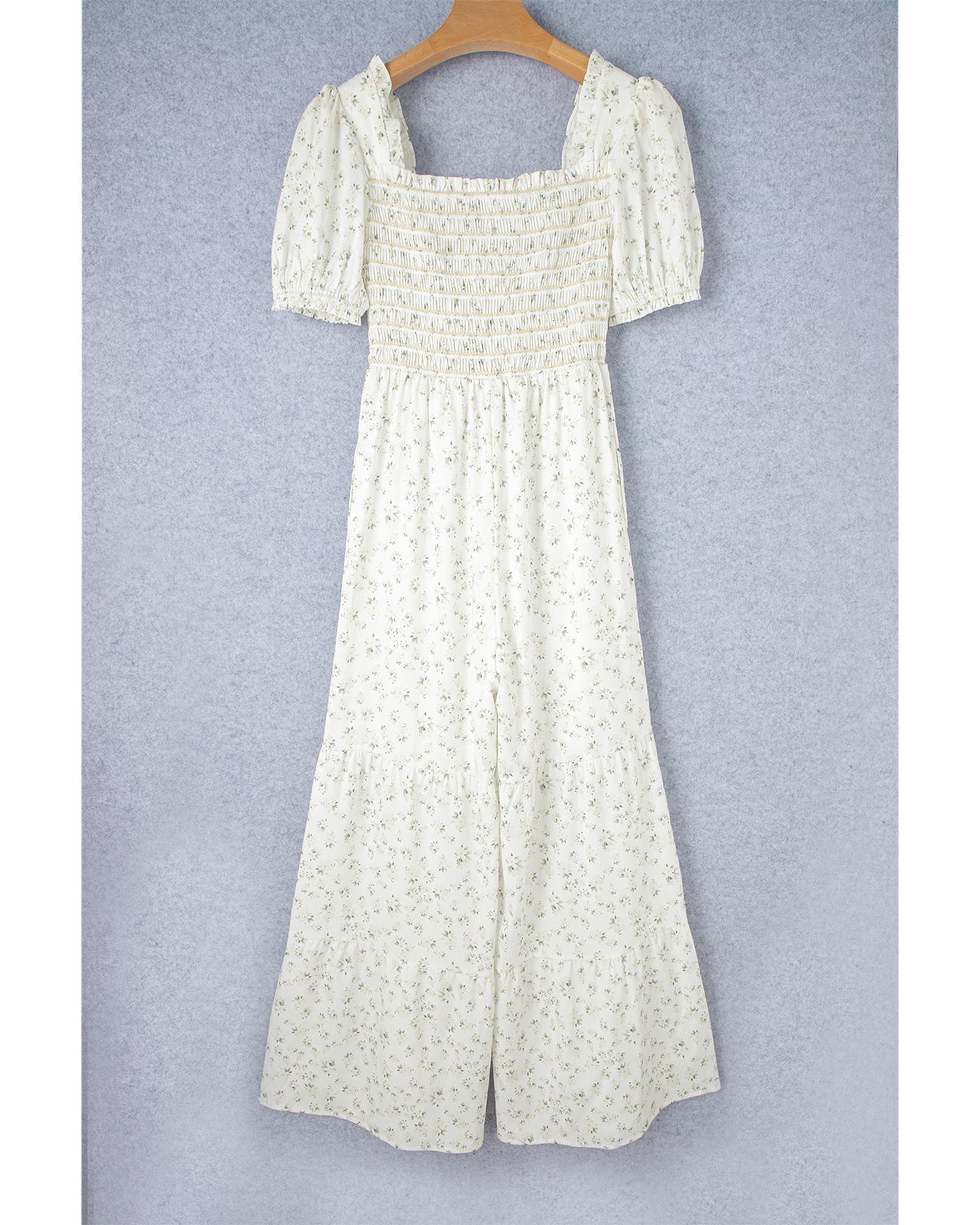 White Boho Floral Smocked Wide Leg Short Puff Sleeve Jumpsuit - XL 4