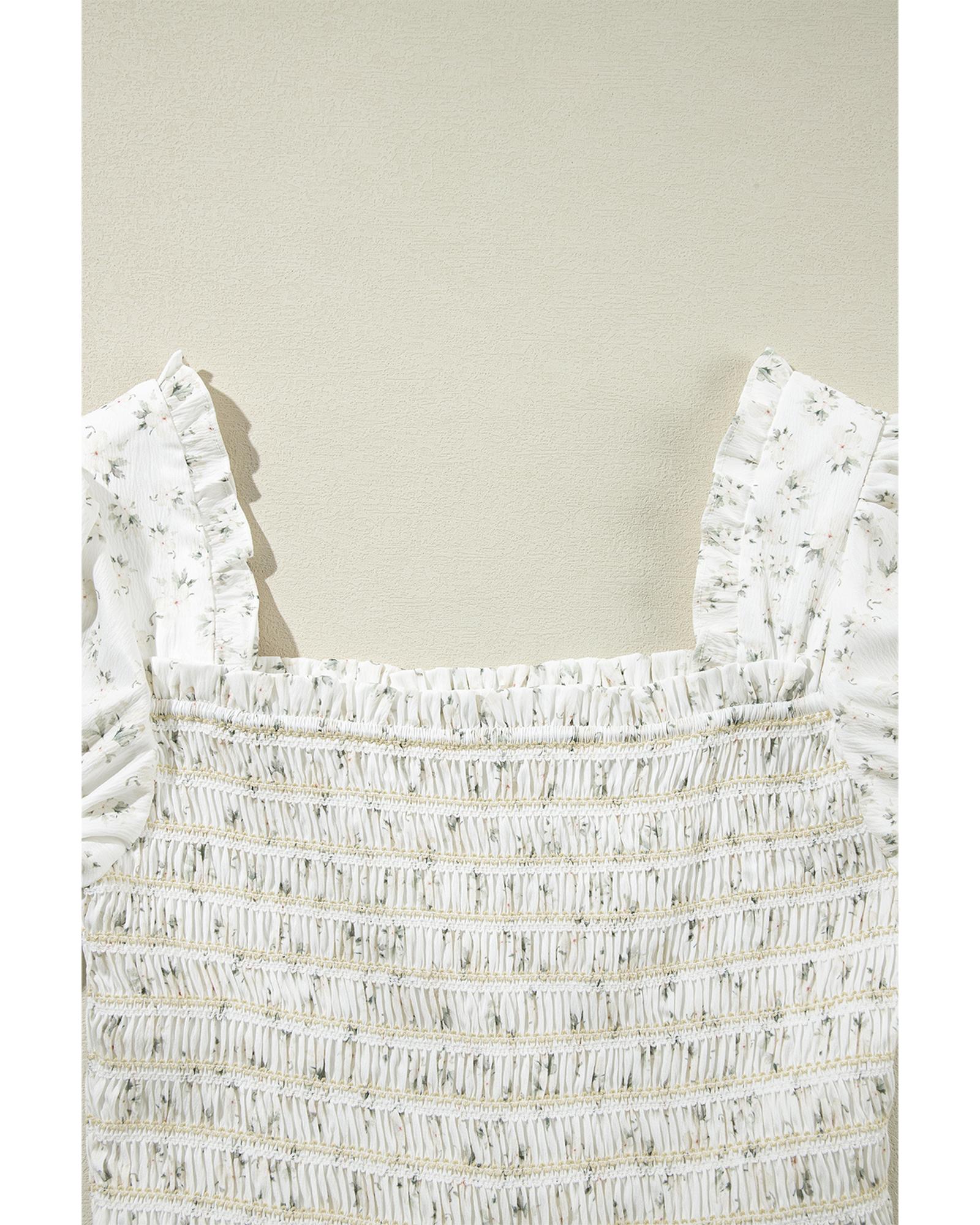 White Boho Floral Smocked Wide Leg Short Puff Sleeve Jumpsuit - XL 8
