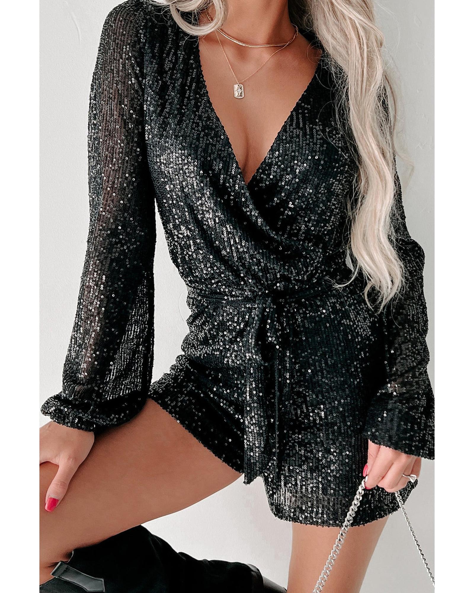 Black Sequined V Neck Wrapped Long Sleeve Romper - XL
