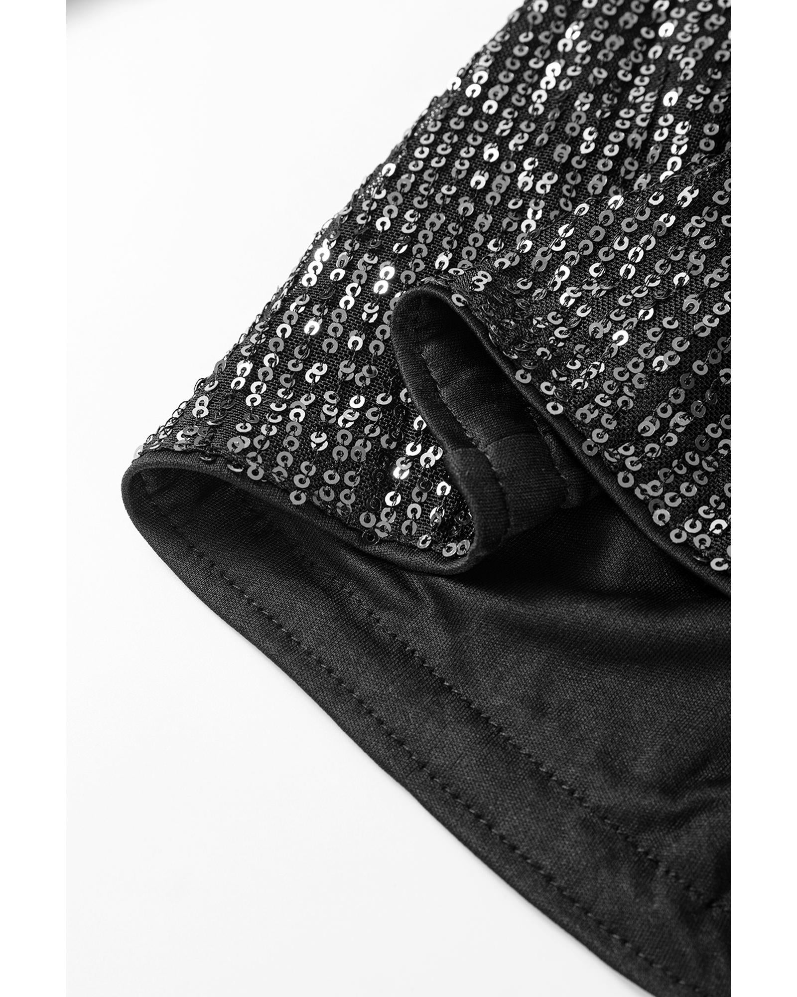 Black Sequined V Neck Wrapped Long Sleeve Romper - XL