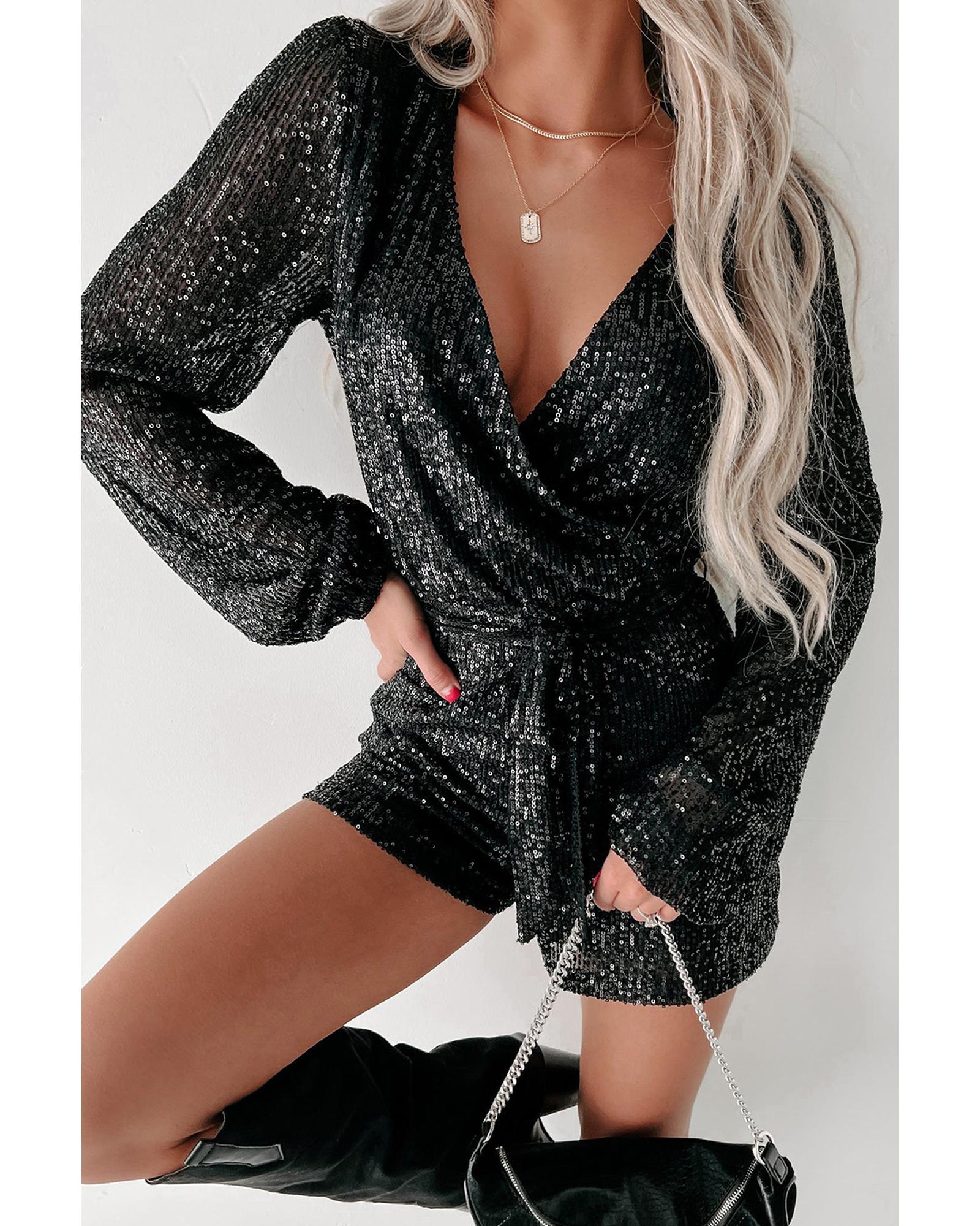 Black Sequined V Neck Wrapped Long Sleeve Romper - XL 3