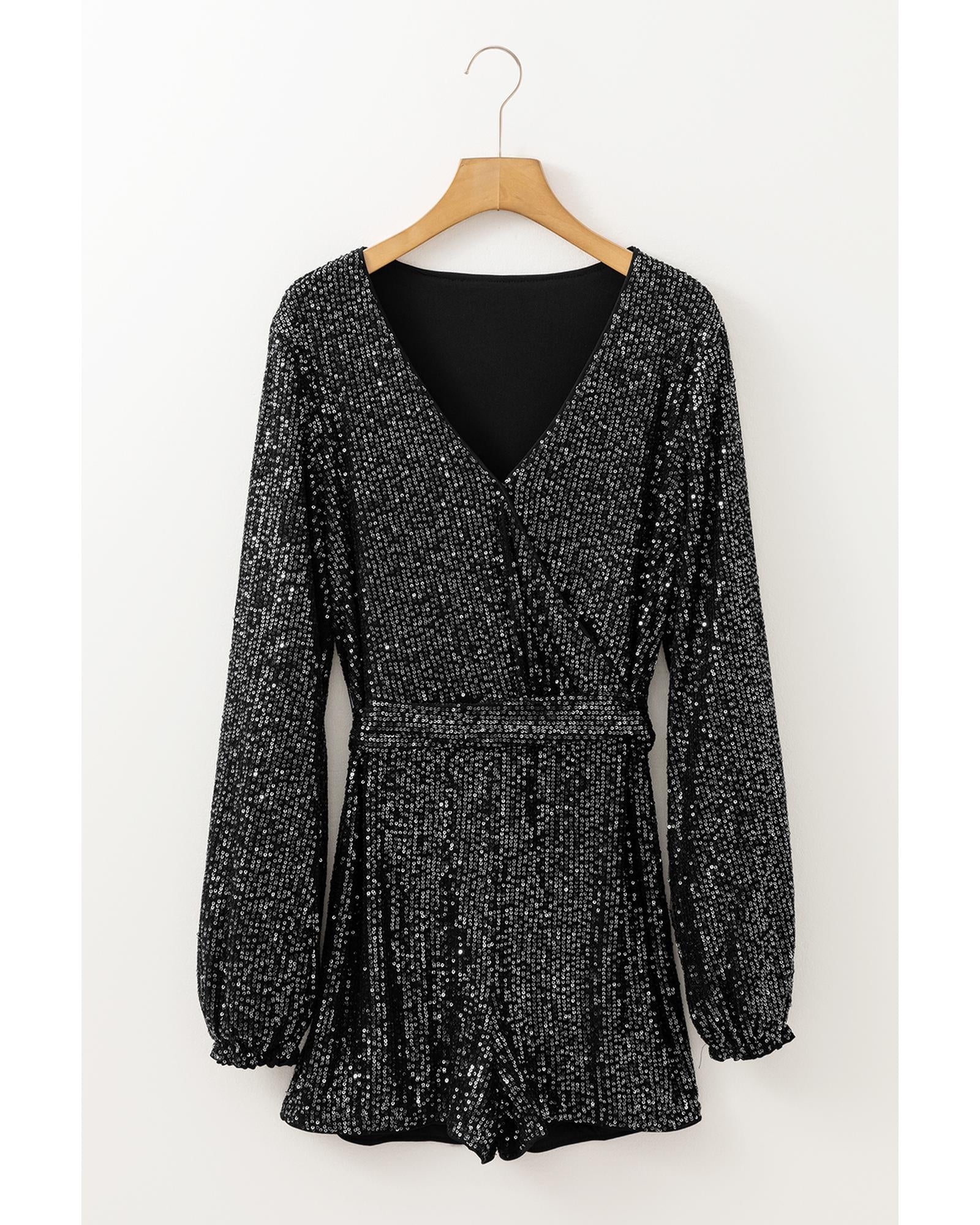 Black Sequined V Neck Wrapped Long Sleeve Romper - XL 4