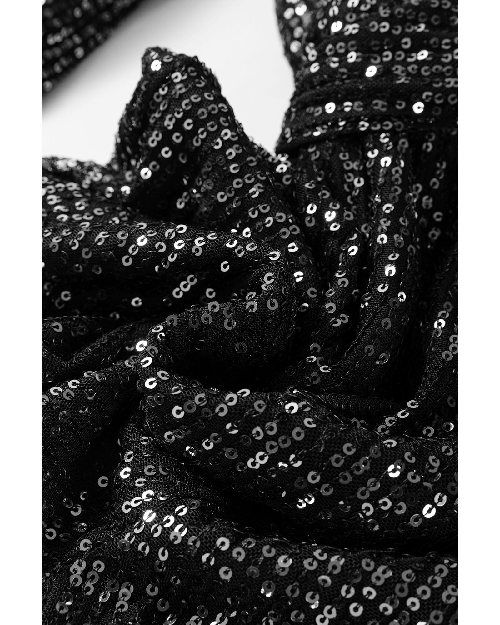 Black Sequined V Neck Wrapped Long Sleeve Romper - XL 5