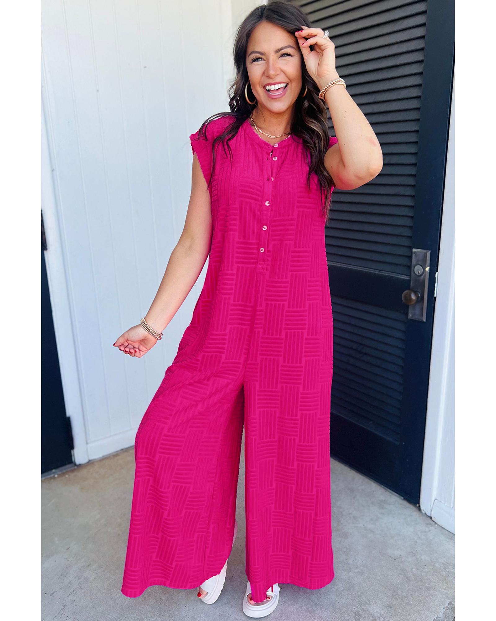 Bright Pink Terry Textured Sleeveless Button Front Wide Leg Jumpsuit - L
