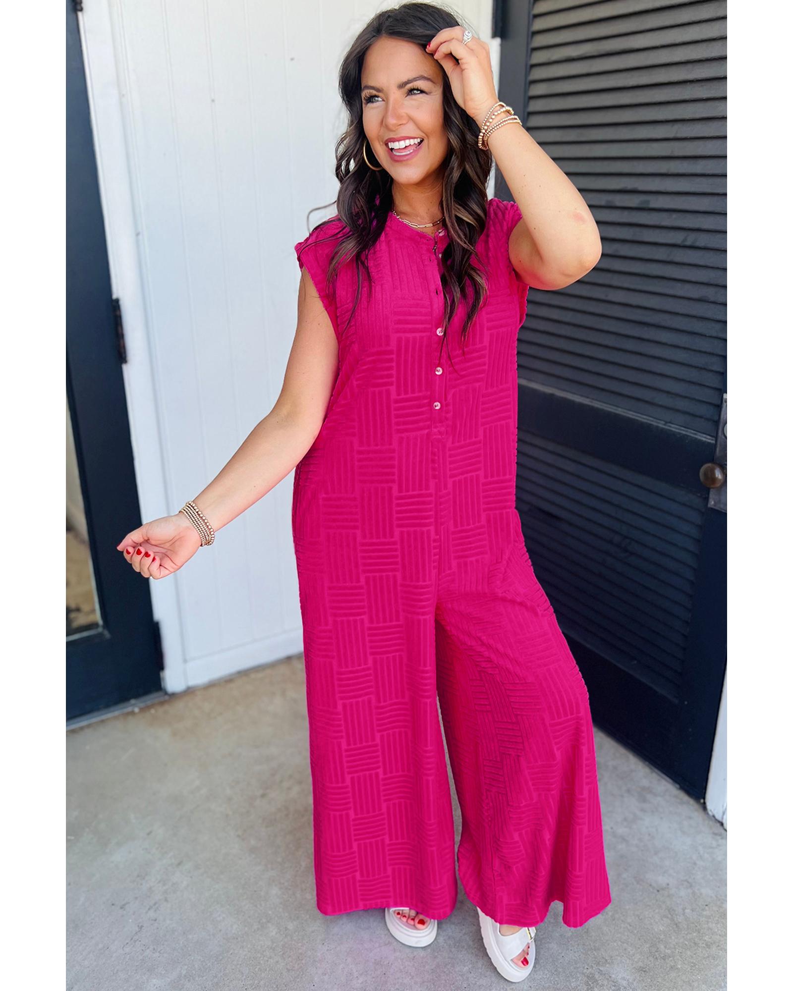 Bright Pink Terry Textured Sleeveless Button Front Wide Leg Jumpsuit - L 3