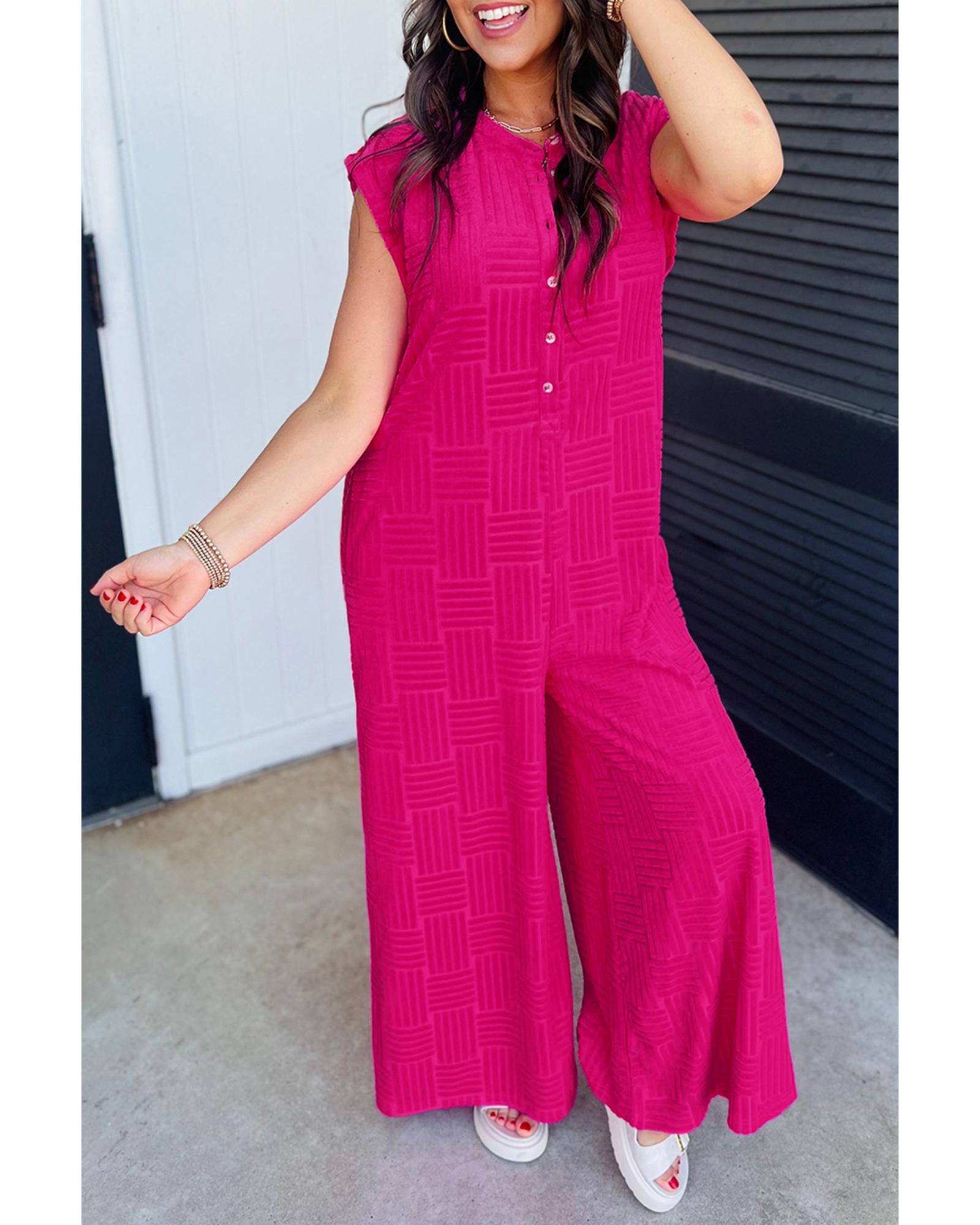 Bright Pink Terry Textured Sleeveless Button Front Wide Leg Jumpsuit - M