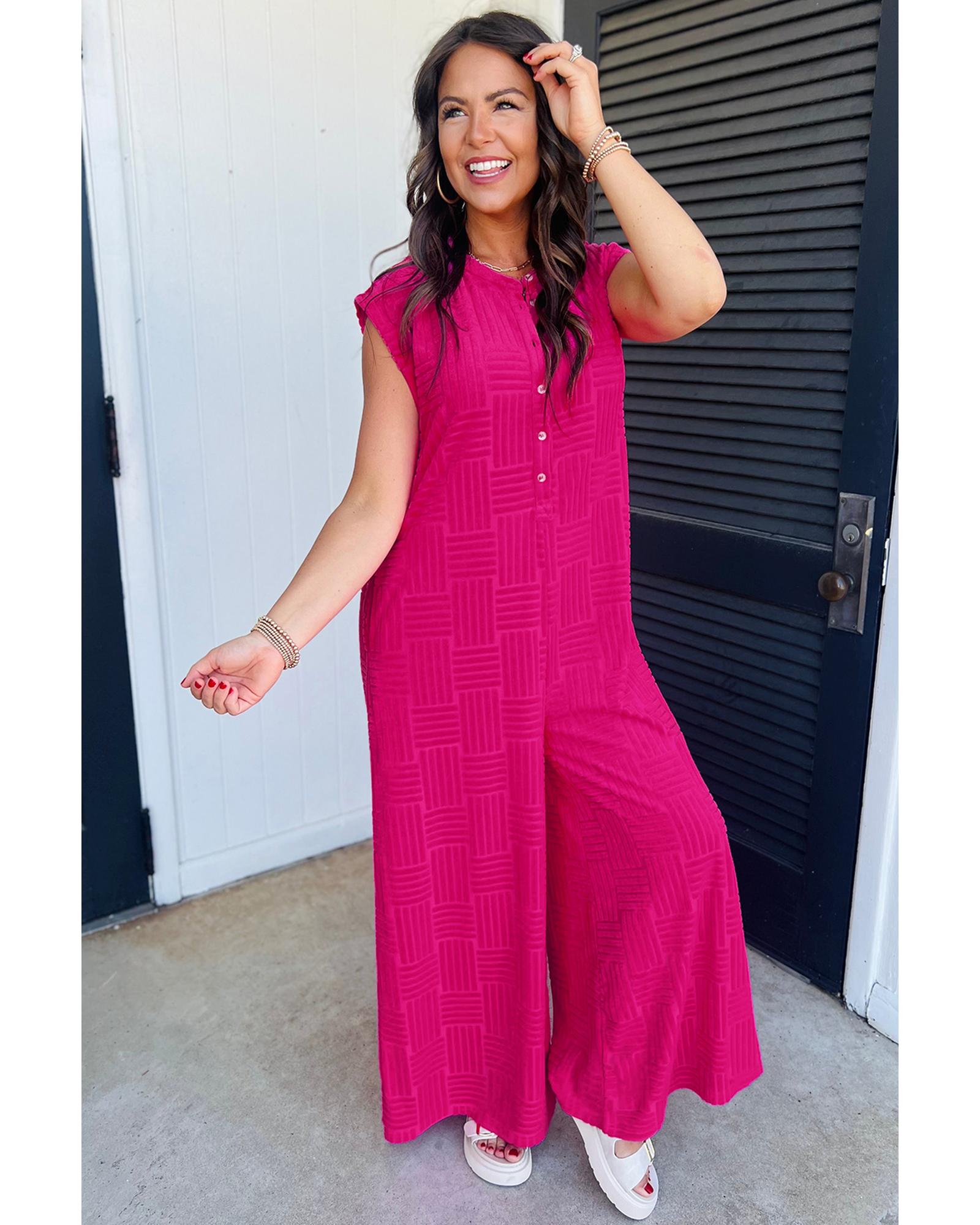Bright Pink Terry Textured Sleeveless Button Front Wide Leg Jumpsuit - M 6