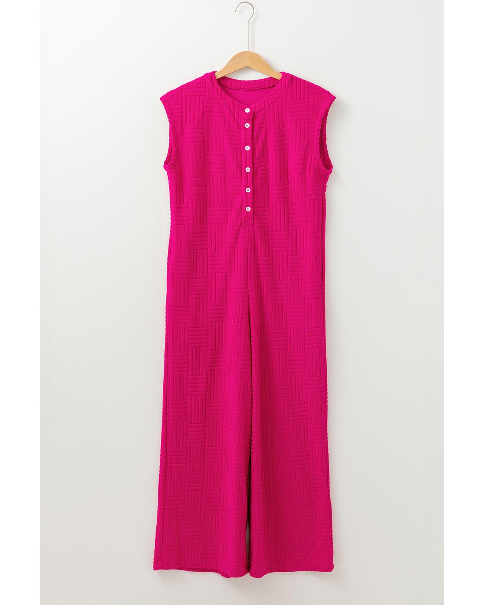 Bright Pink Terry Textured Sleeveless Button Front Wide Leg Jumpsuit - M 7