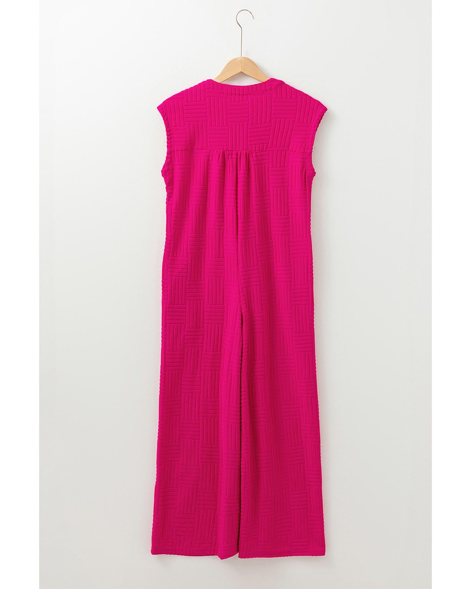Bright Pink Terry Textured Sleeveless Button Front Wide Leg Jumpsuit - M 8