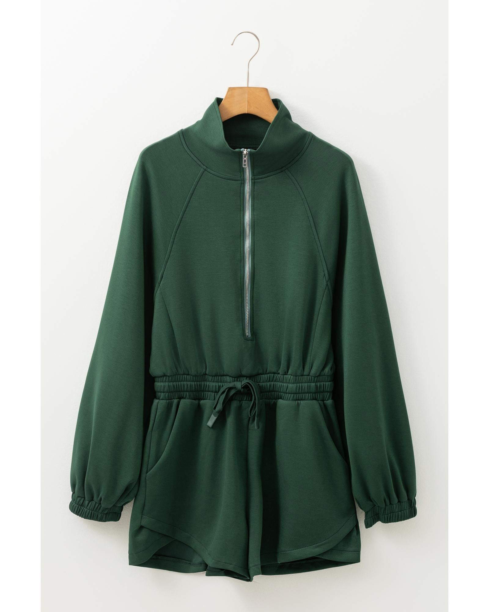 Blackish Green Collared Half Zip French Terry Knit Drawstring Casual Romper - S 3