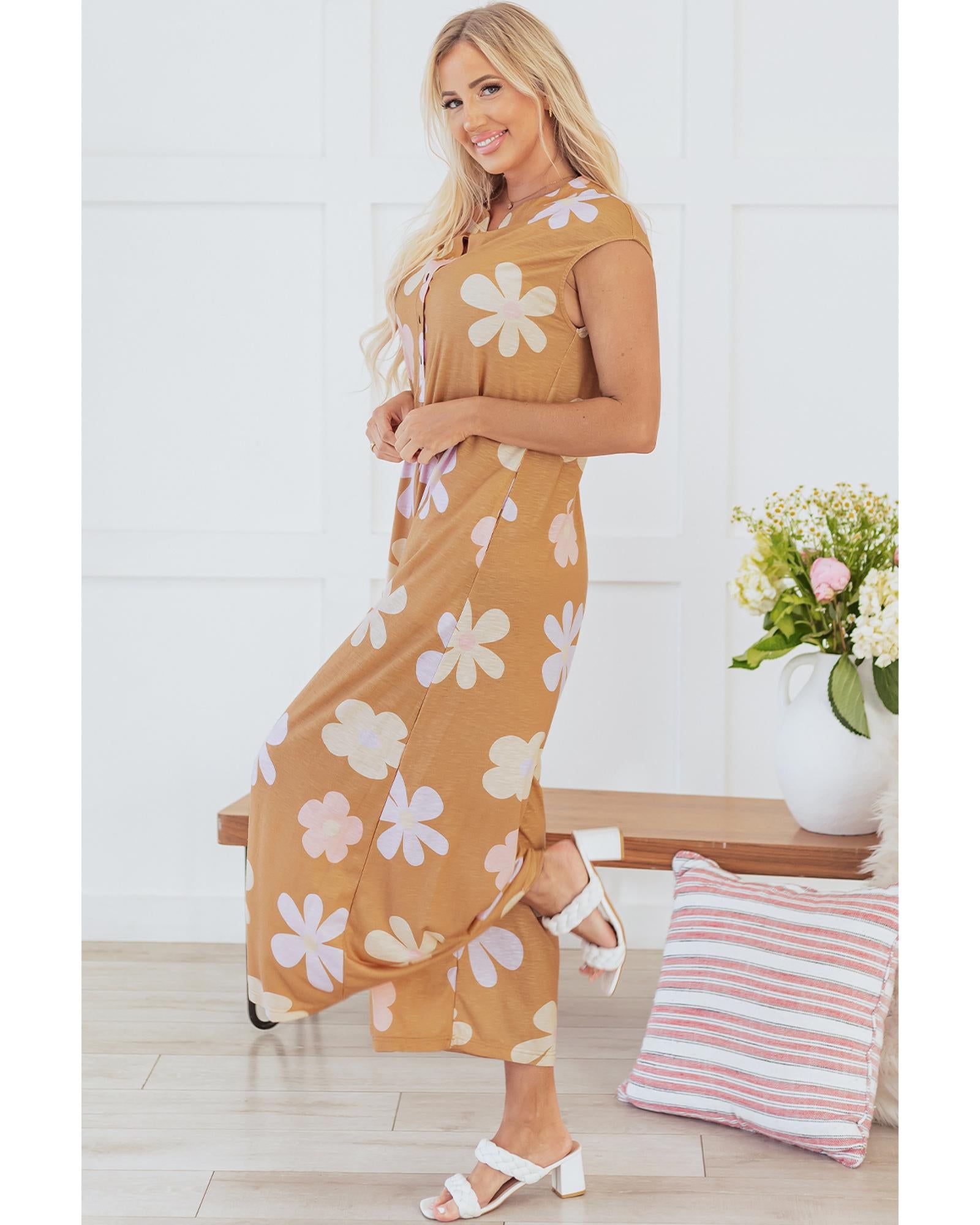 Khaki Floral Print Sleeveless Button up Wide Leg Loose Jumpsuit - L 3