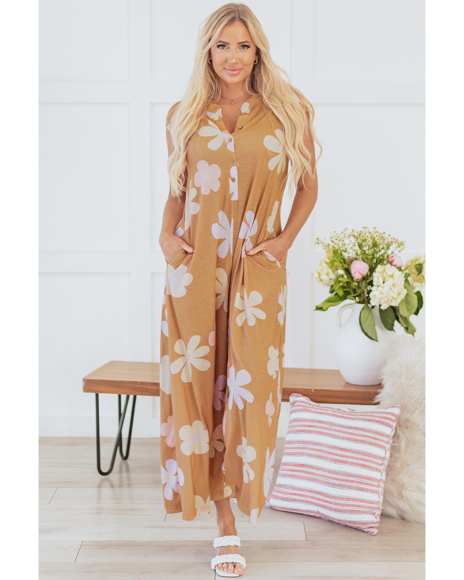 Khaki Floral Print Sleeveless Button up Wide Leg Loose Jumpsuit - L 5