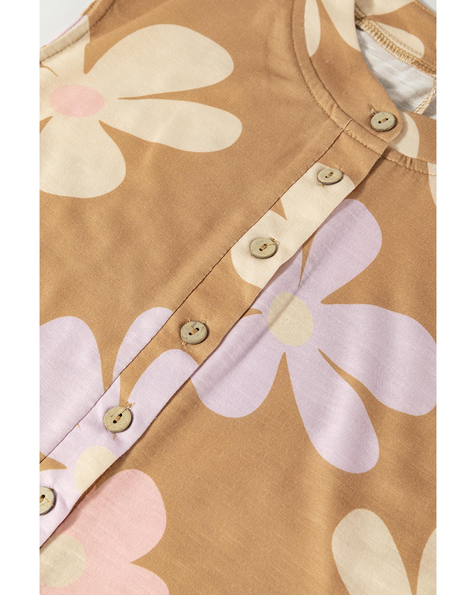 Khaki Floral Print Sleeveless Button up Wide Leg Loose Jumpsuit - L 6