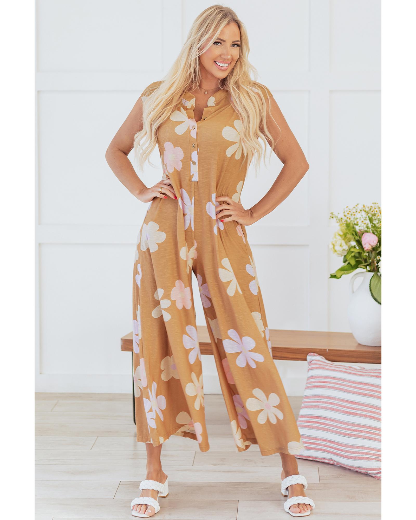 Khaki Floral Print Sleeveless Button up Wide Leg Loose Jumpsuit - L 7